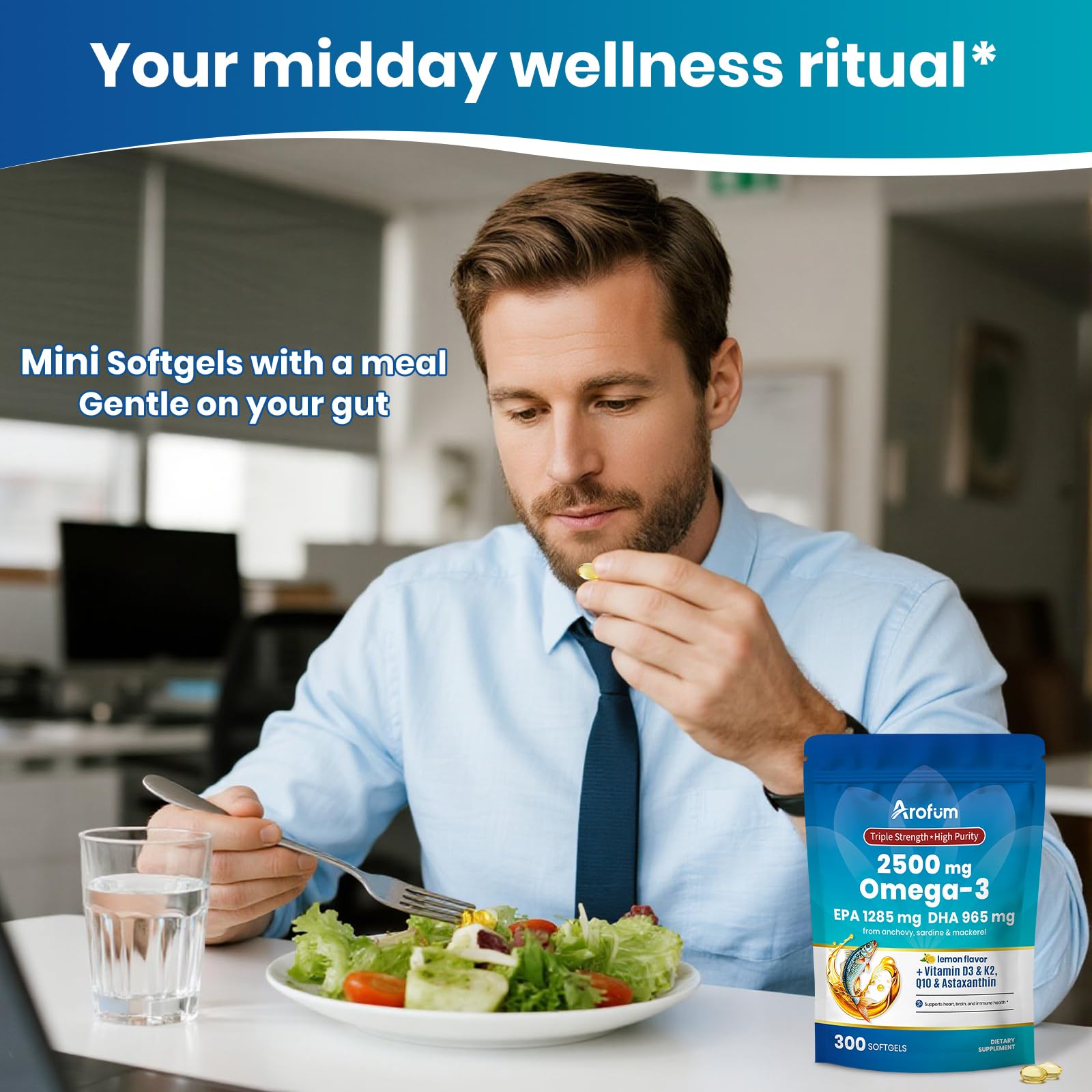 Arofum Omega 3 Fish Oil with Vitamin D3 K2 – 300 Lemon Flavored Burpless Softgels | Fish Oil Omega 3 Supplements Support Heart, Brain, Eyes & Immune Health | Gluten-Free, Non-GMO