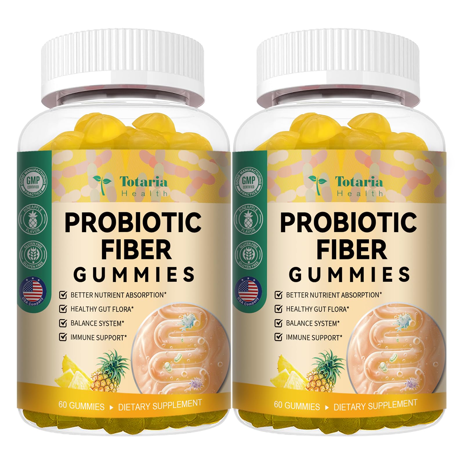 Probiotic Fiber Gummies, Pineapple Flavor, 60 Gummies per Bottle, 2 Bottles