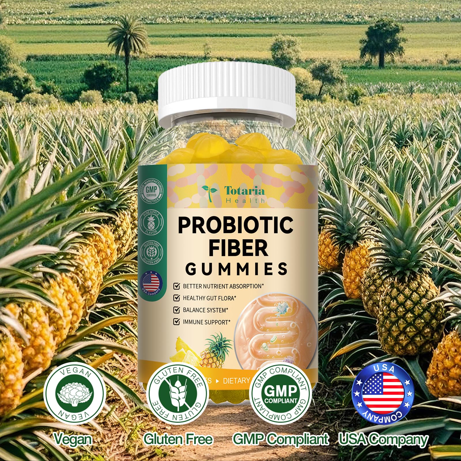Probiotic Fiber Gummies, Pineapple Flavor, 60 Gummies per Bottle, 2 Bottles
