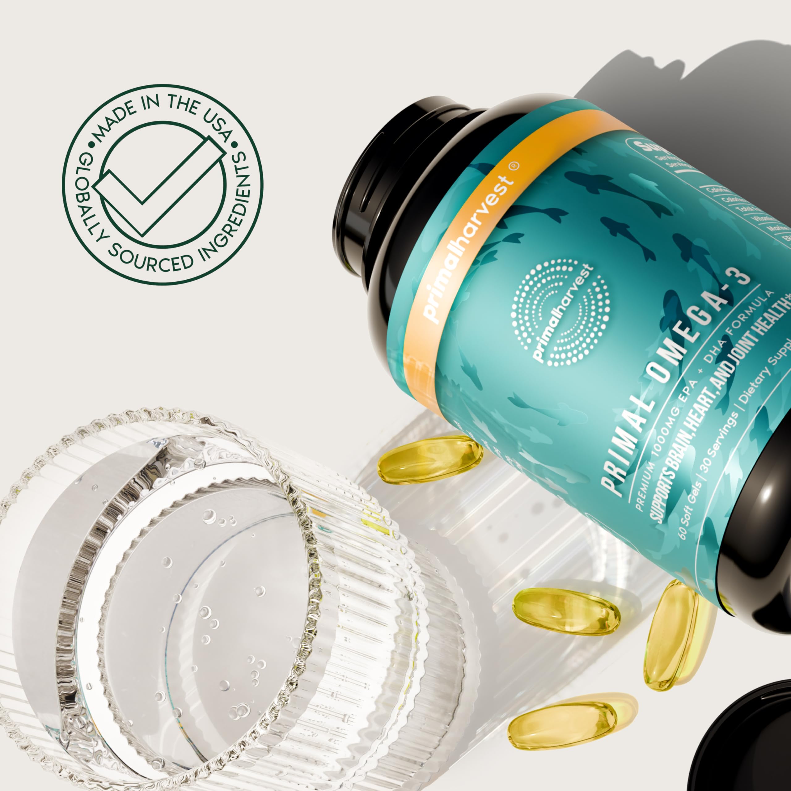 Primal Harvest Omega 3 Fish Oil Supplements, 30 Servings Soft Gels Capsules w/ 1000mg EPA + DHA Supplements, No Fishy Burps Non-GMO Omega 3 Fatty Acid