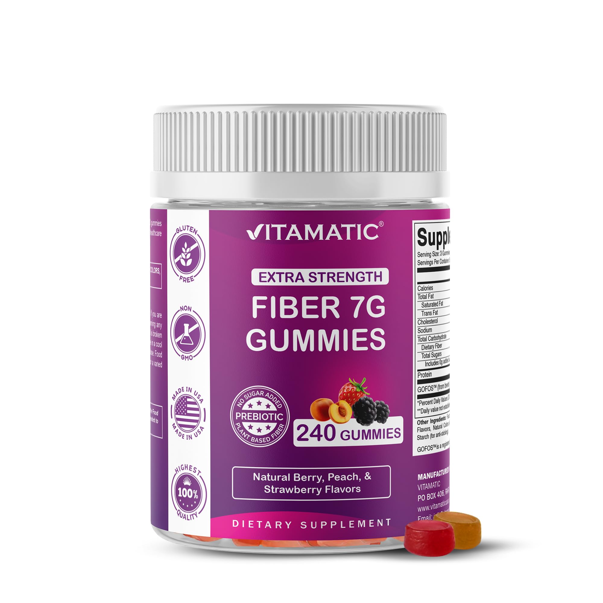 Vitamatic Prebiotic Fiber Gummies for Adults, 7G Extra Strength, Zero Sugar Added, 240 Pectin Based Gummies, Digestive Health & Regularity Support