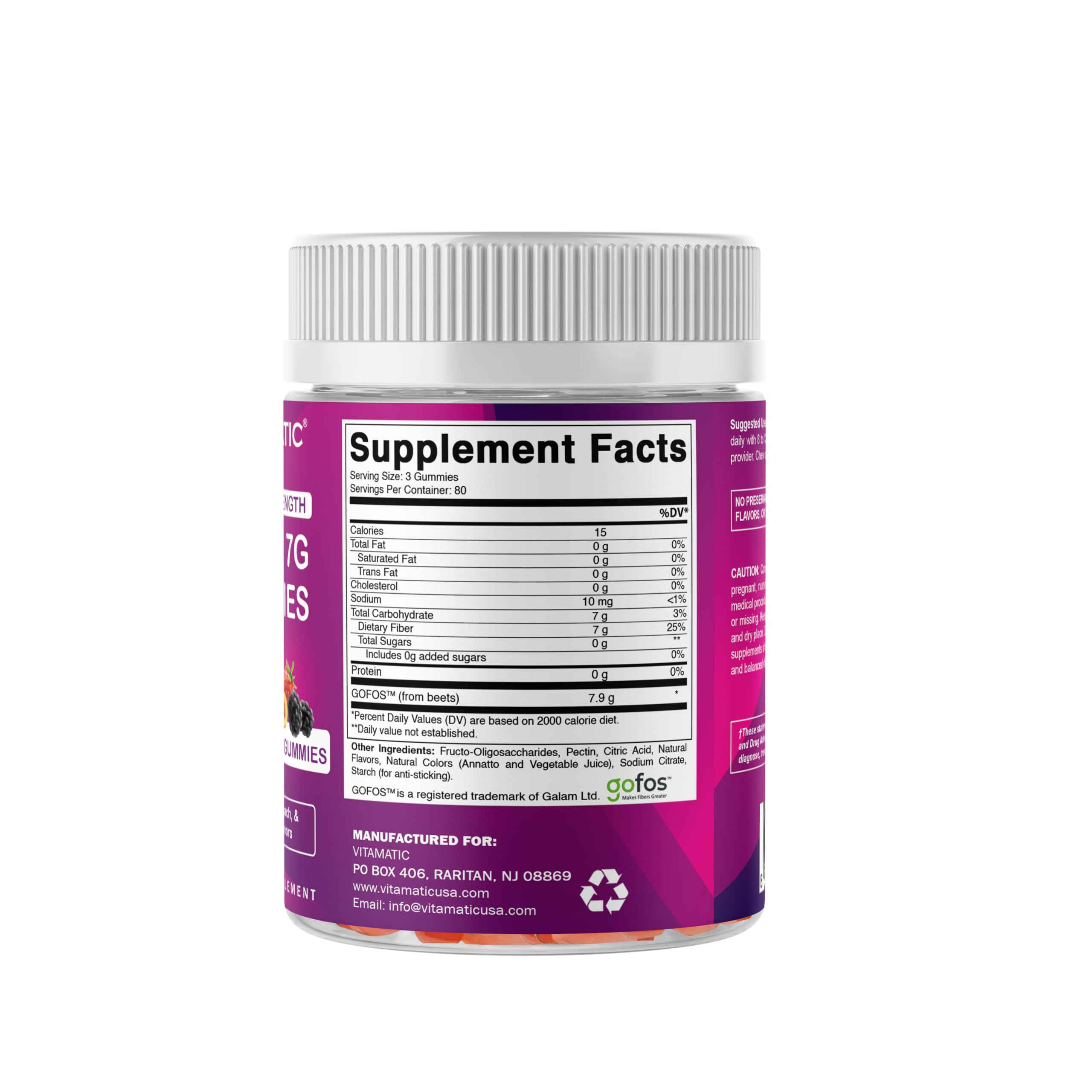 Vitamatic Prebiotic Fiber Gummies for Adults, 7G Extra Strength, Zero Sugar Added, 240 Pectin Based Gummies, Digestive Health & Regularity Support