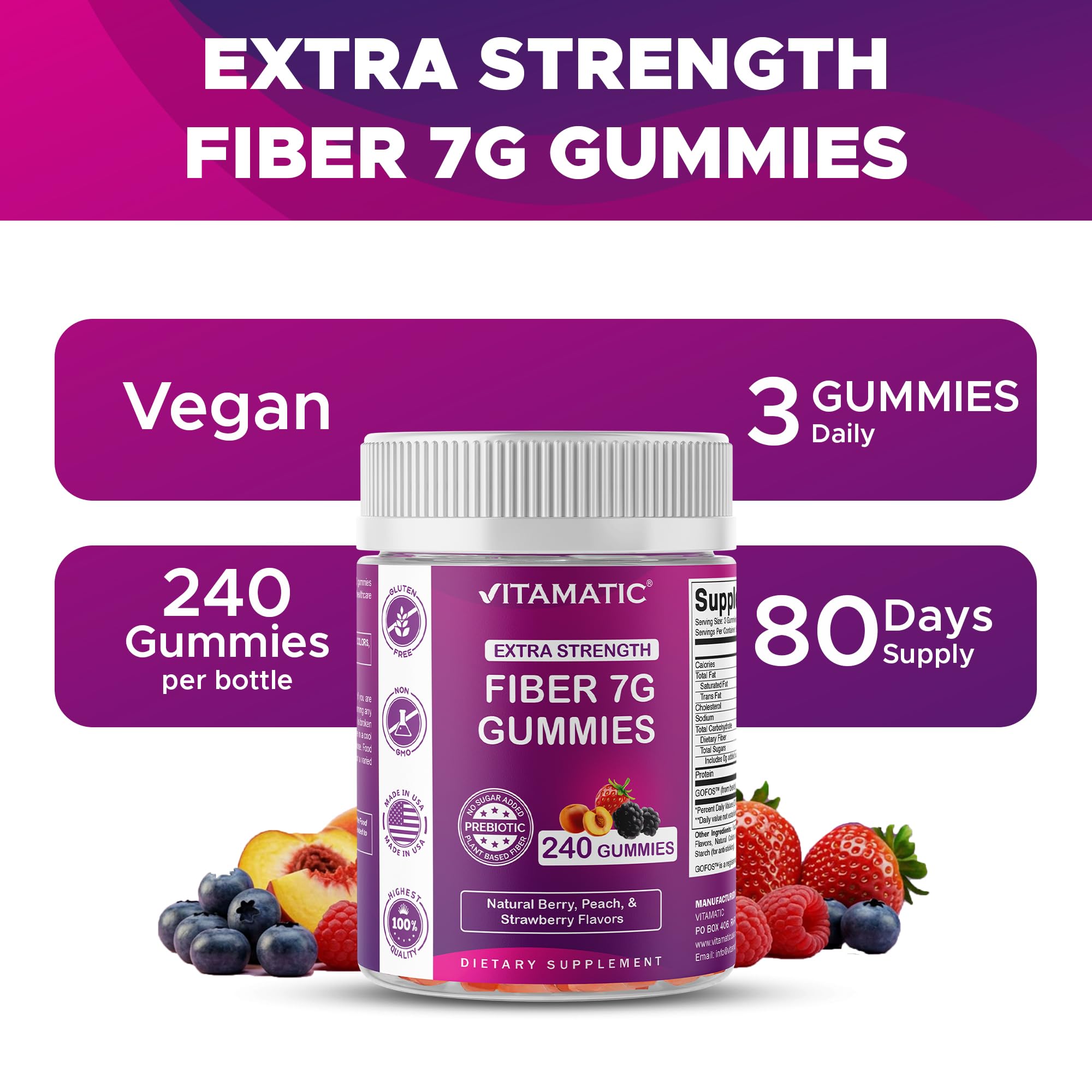 Vitamatic Prebiotic Fiber Gummies for Adults, 7G Extra Strength, Zero Sugar Added, 240 Pectin Based Gummies, Digestive Health & Regularity Support