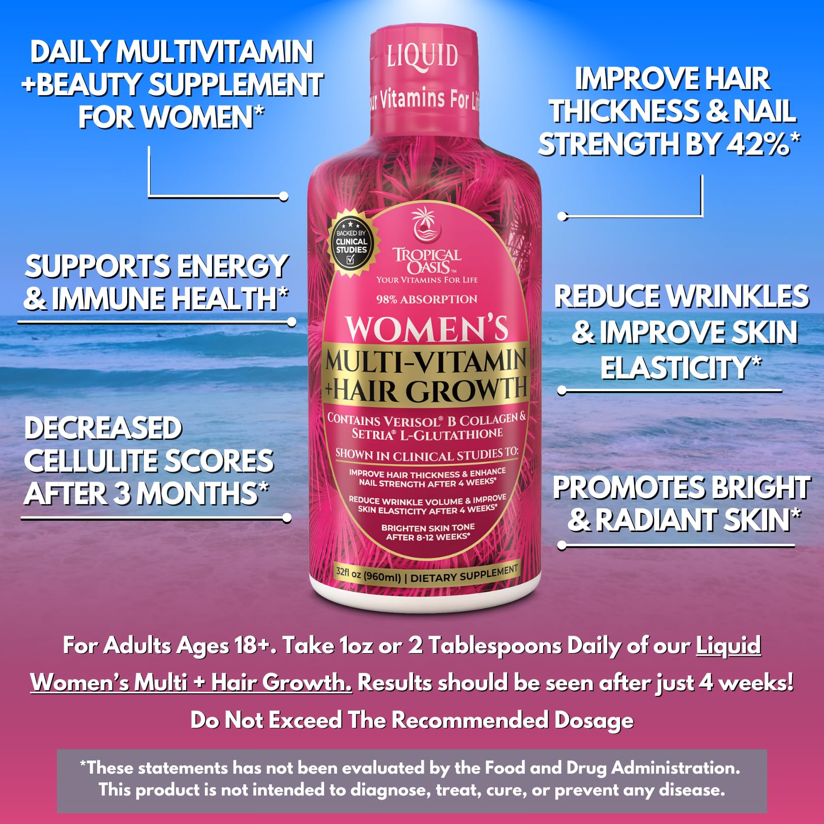 Tropical Oasis Women's Liquid Multivitamin + Hair Growth | Clinically Tested for Thicker Hair, Wrinkles, Brighter Skin, Strong Nails | 2.5g Verisol Collagen | Biotin 12500mcg | 32 Serv