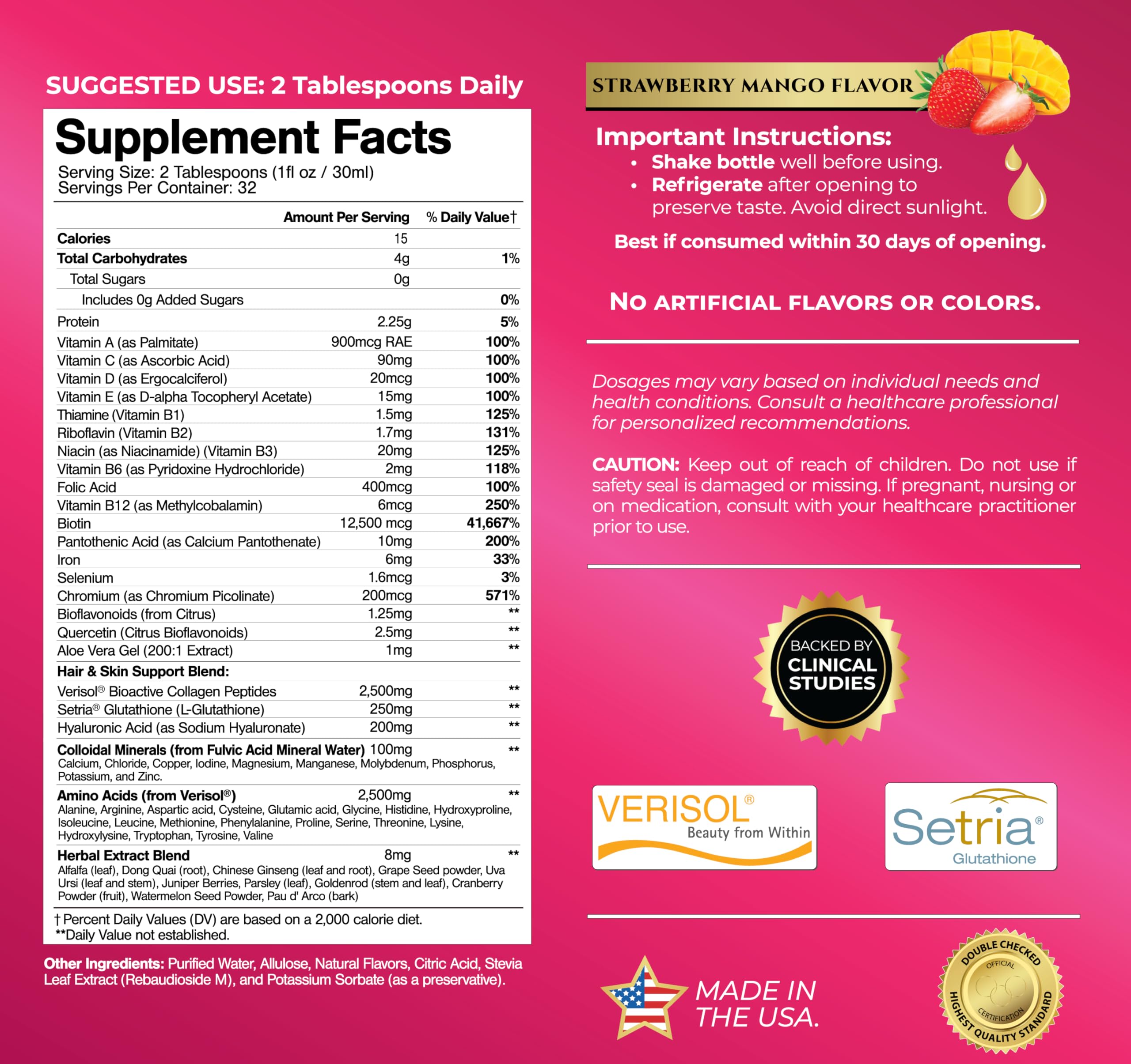 Tropical Oasis Women's Liquid Multivitamin + Hair Growth | Clinically Tested for Thicker Hair, Wrinkles, Brighter Skin, Strong Nails | 2.5g Verisol Collagen | Biotin 12500mcg | 32 Serv