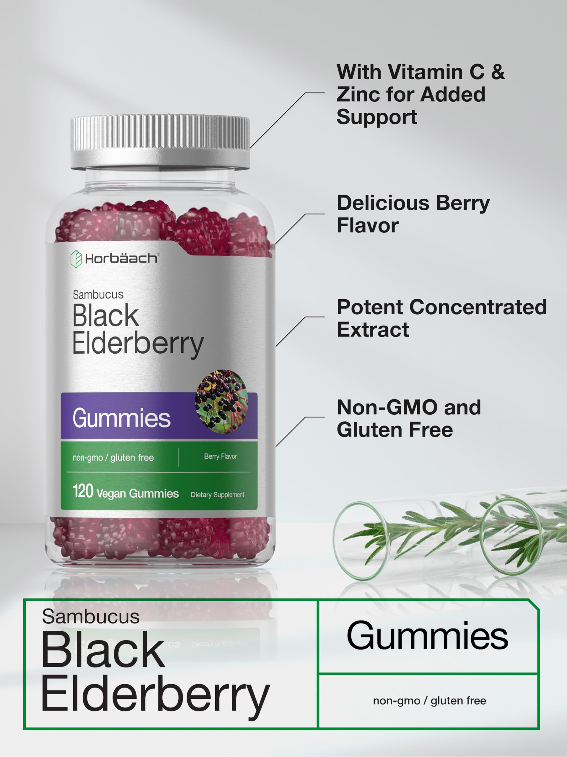 Horbaach Black Elderberry Gummies | 120 Count | Sambucus Extract | with Zinc and Vitamin C | Berry Flavor | Vegan, Non-GMO, and Gluten Free Supplement for Adults