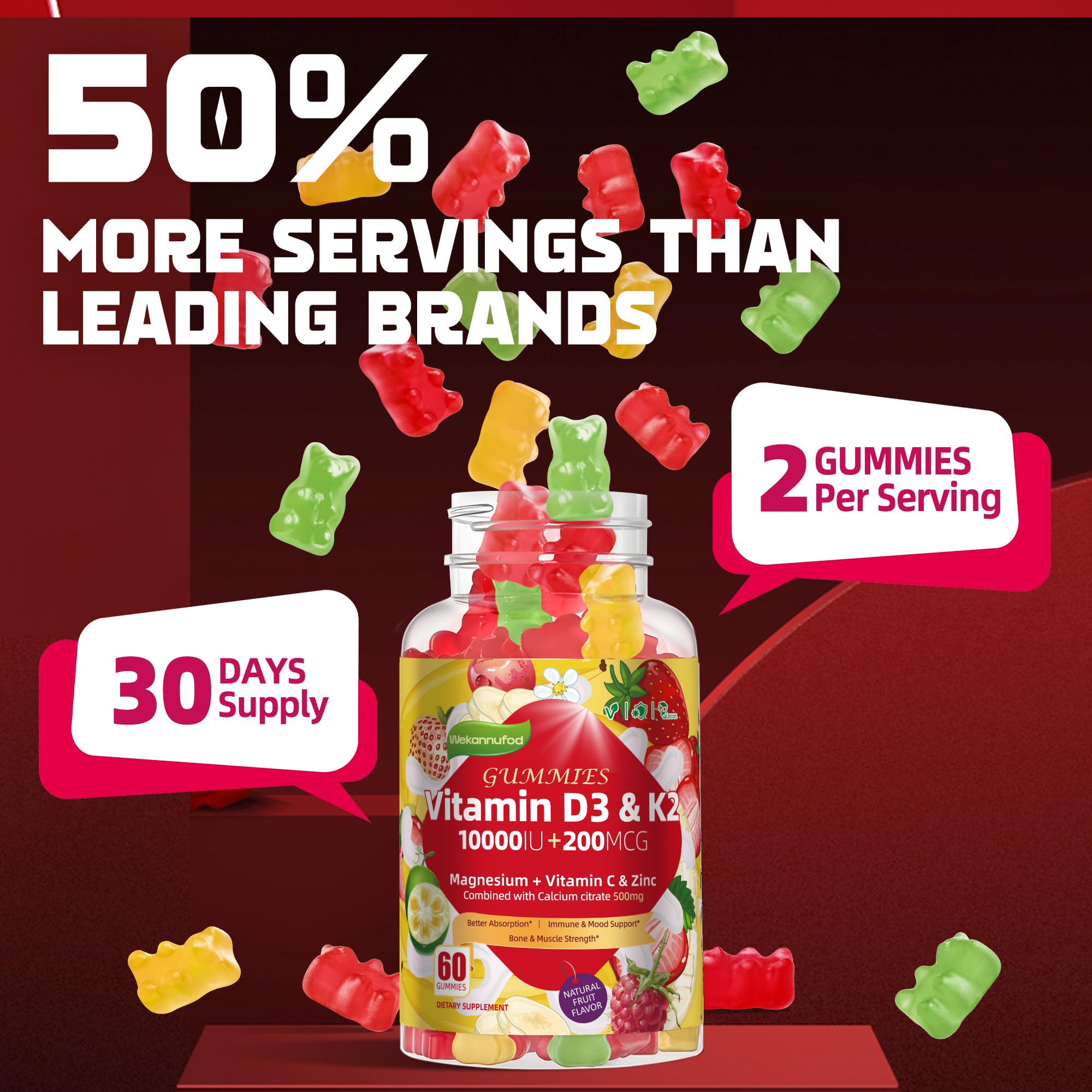 Wekannufod Sugar-Free Vitamin D3 K2 Gummies with Calcium + K2 (MK-7), Magnesium Citrate, Vitamin C, Extra Strength - Ultimate Absorption for Bone Muscle Teeth Immune, Vegan - 120 Gummies