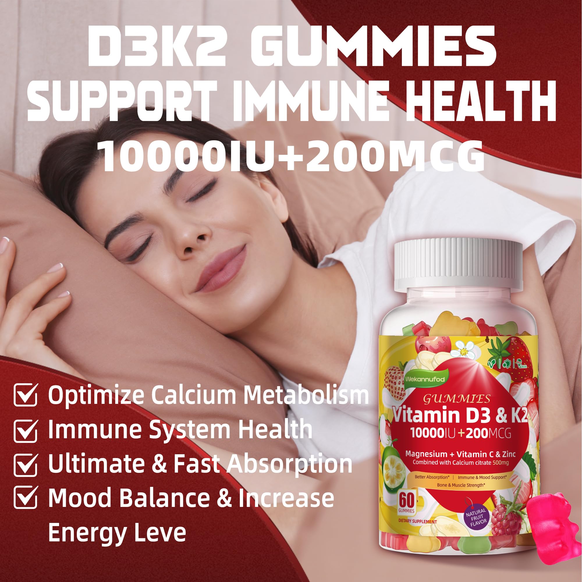 Wekannufod Sugar-Free Vitamin D3 K2 Gummies with Calcium + K2 (MK-7), Magnesium Citrate, Vitamin C, Extra Strength - Ultimate Absorption for Bone Muscle Teeth Immune, Vegan - 120 Gummies