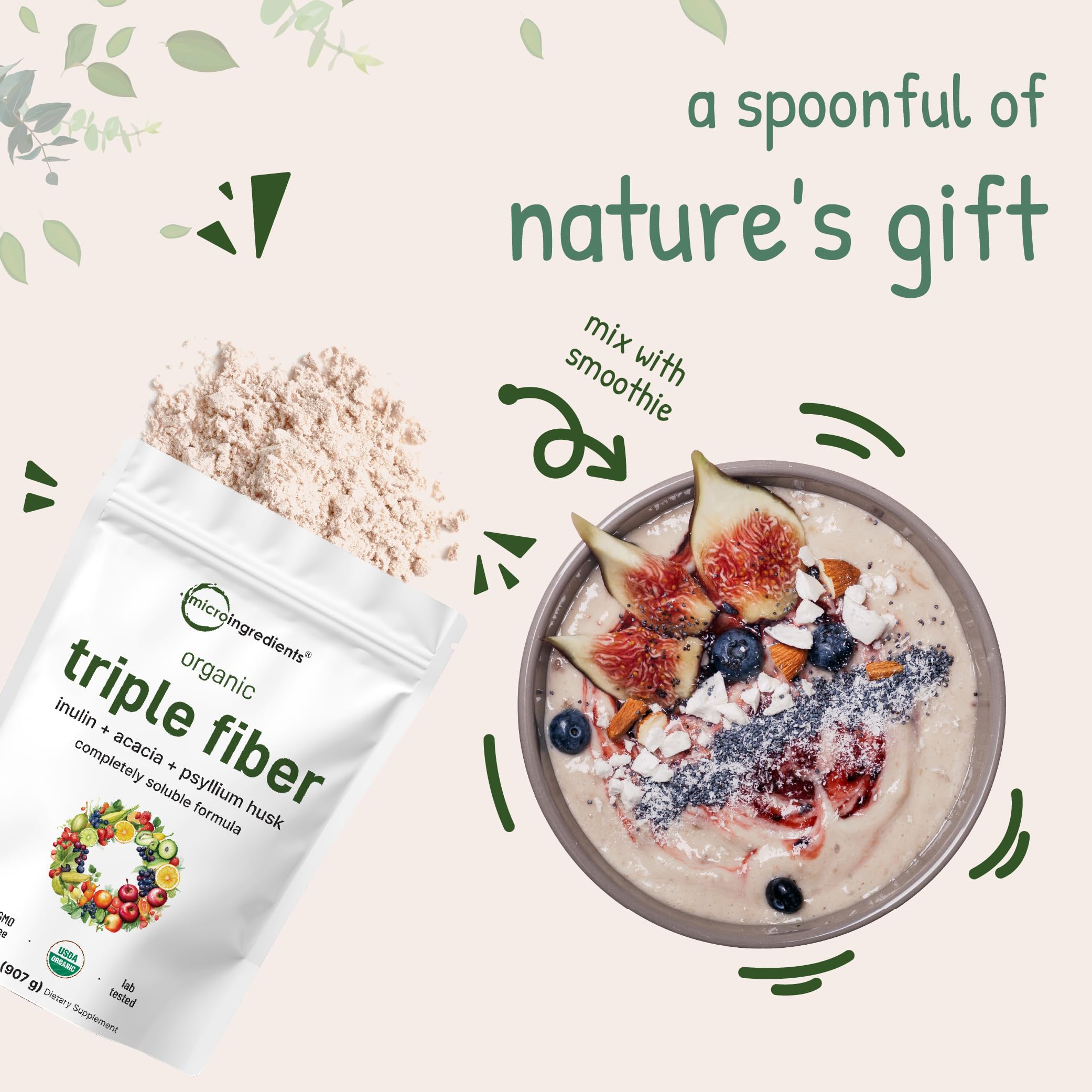 Micro Ingredients Organic Triple Fiber Powder, 2lb | Natural Prebiotic to Support Digestive & Gut Health | Soluble, Easily Digestible | Unflavored, Vegan