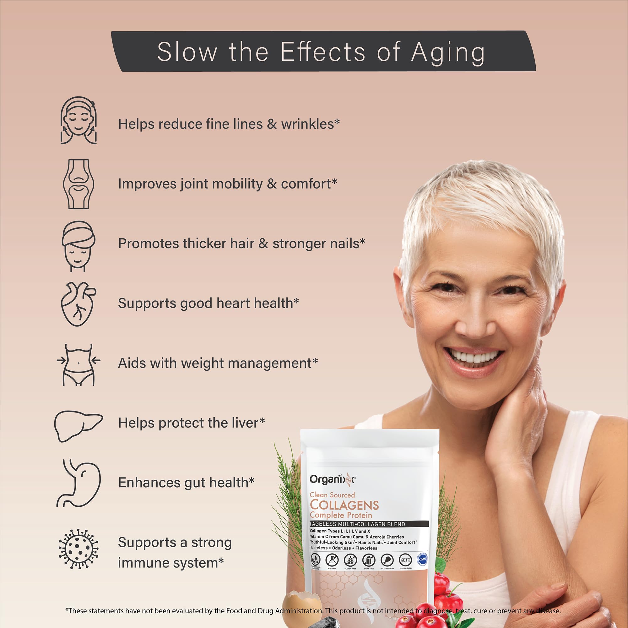 Organixx Clean Sourced Collagen Peptides Powder with Vitamin C, Types I, II, III, V, X Hydrolyzed Collagen, Hair, Nail, Skin, Bone & Joint Health, Aging Support, Gluten Free, Unflavored, 30 Servings