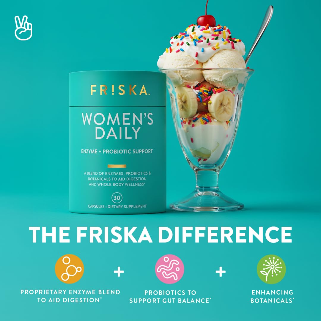 FRISKA Women’s Daily Digestive Enzyme and Probiotics Supplement, Advanced Natural Support for Female Digestive Health, Fights Bloating, Eases Digestion, Supports Nutrient Absorption, 30 Capsules