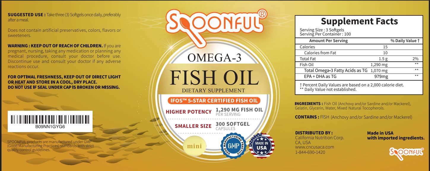 Spoonful Mini Omega 3 Fish Oil, iFOS Certified, 1290 mg Per Serving, 300 Softgels Pearls, Small Size Easy to Swallow Capsules, Made in USA