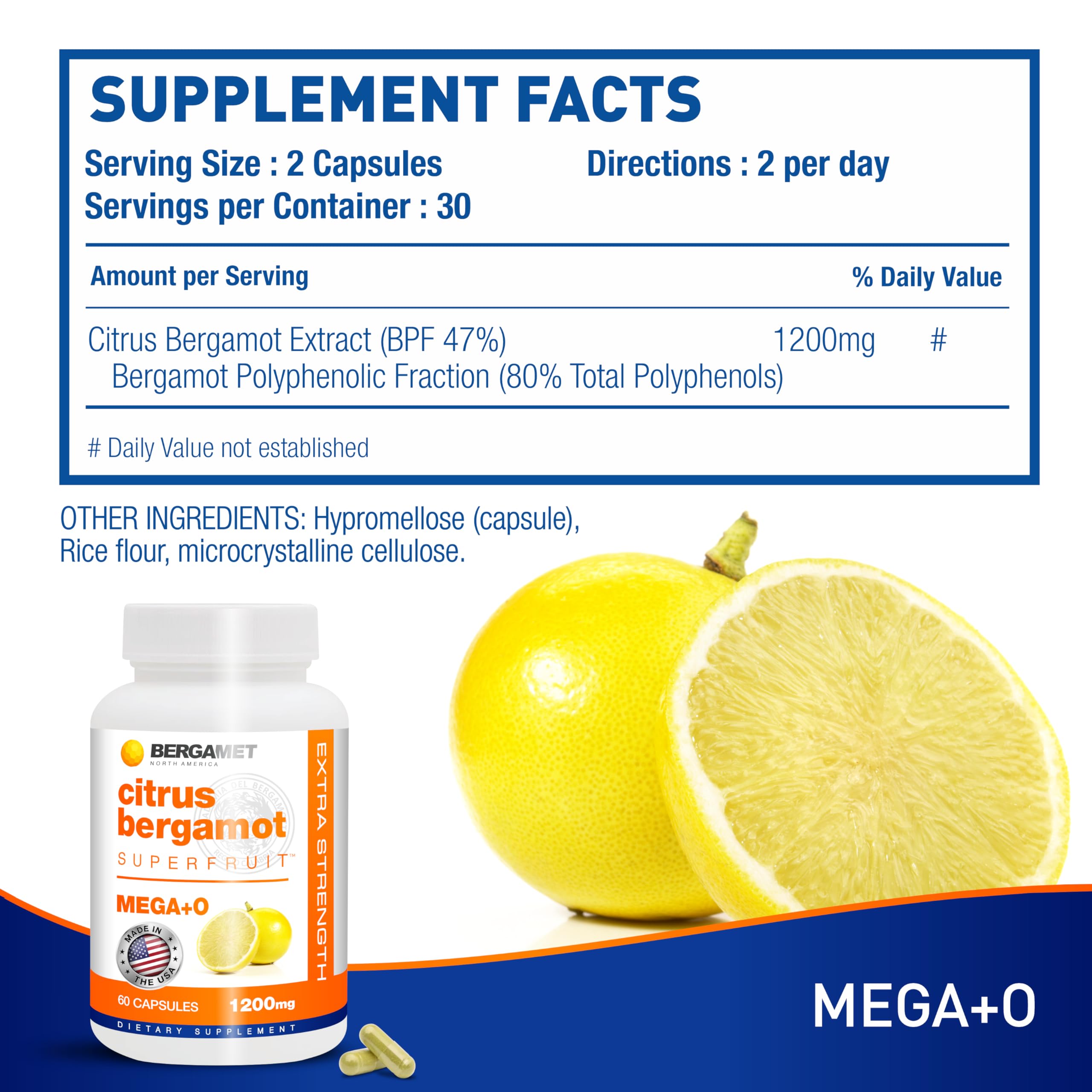 BergaMet Citrus Bergamot Supplement, 170:1 Extract, 1200mg, 80% Polyphenols, Italian Citrus Bergamot Supplement for High Cholesterol, 60 Capsules, 1 Month, Made in The USA