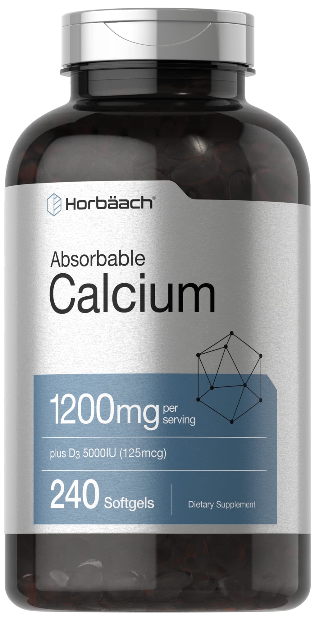 Horbäach Calcium 1200 mg with Vitamin D3 | 240 Softgels | 5000 IU Vitamin D3 | Absorbable Calcium Supplement for Women and Men | Non-GMO, Gluten Free
