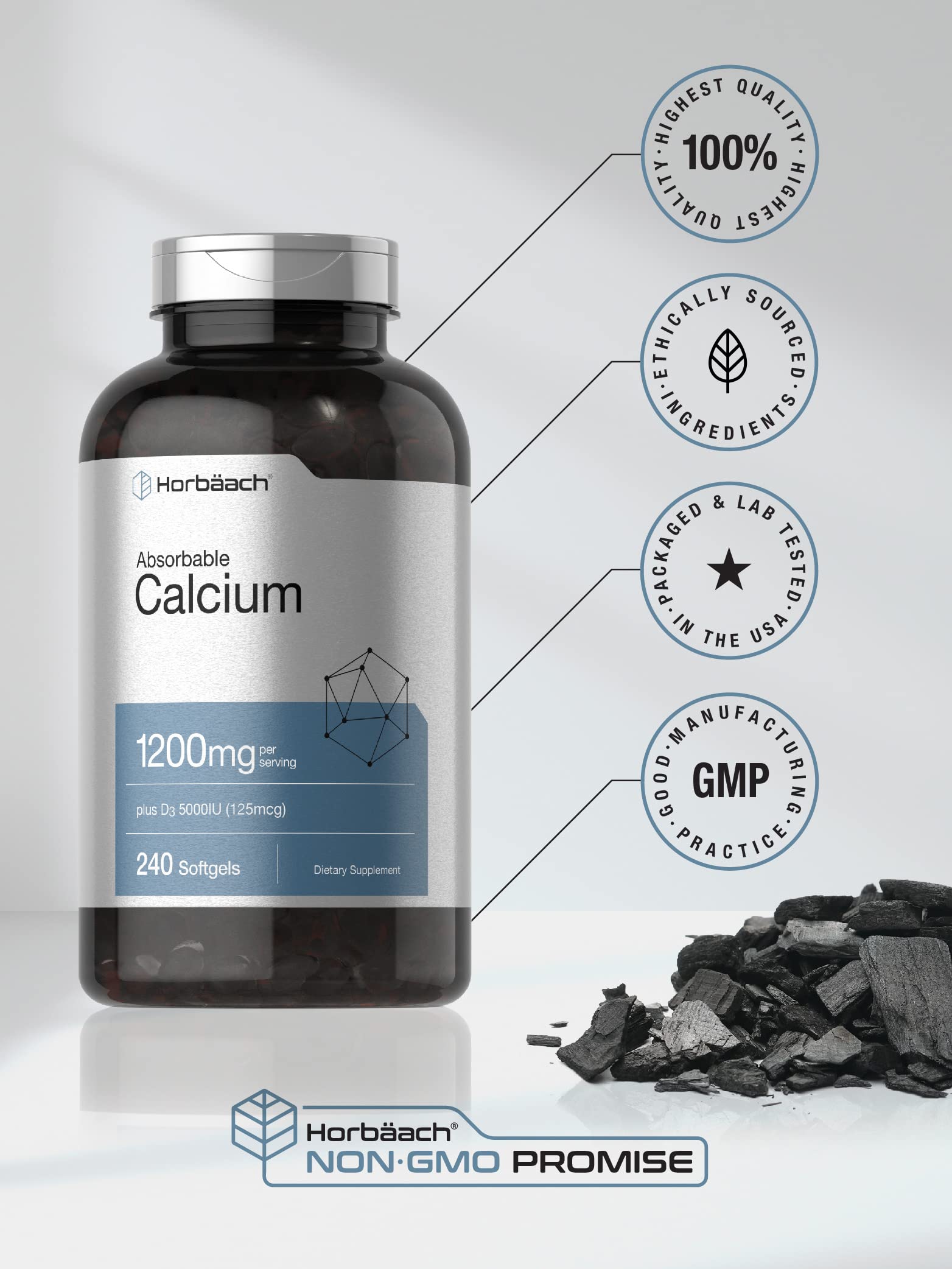 Horbäach Calcium 1200 mg with Vitamin D3 | 240 Softgels | 5000 IU Vitamin D3 | Absorbable Calcium Supplement for Women and Men | Non-GMO, Gluten Free