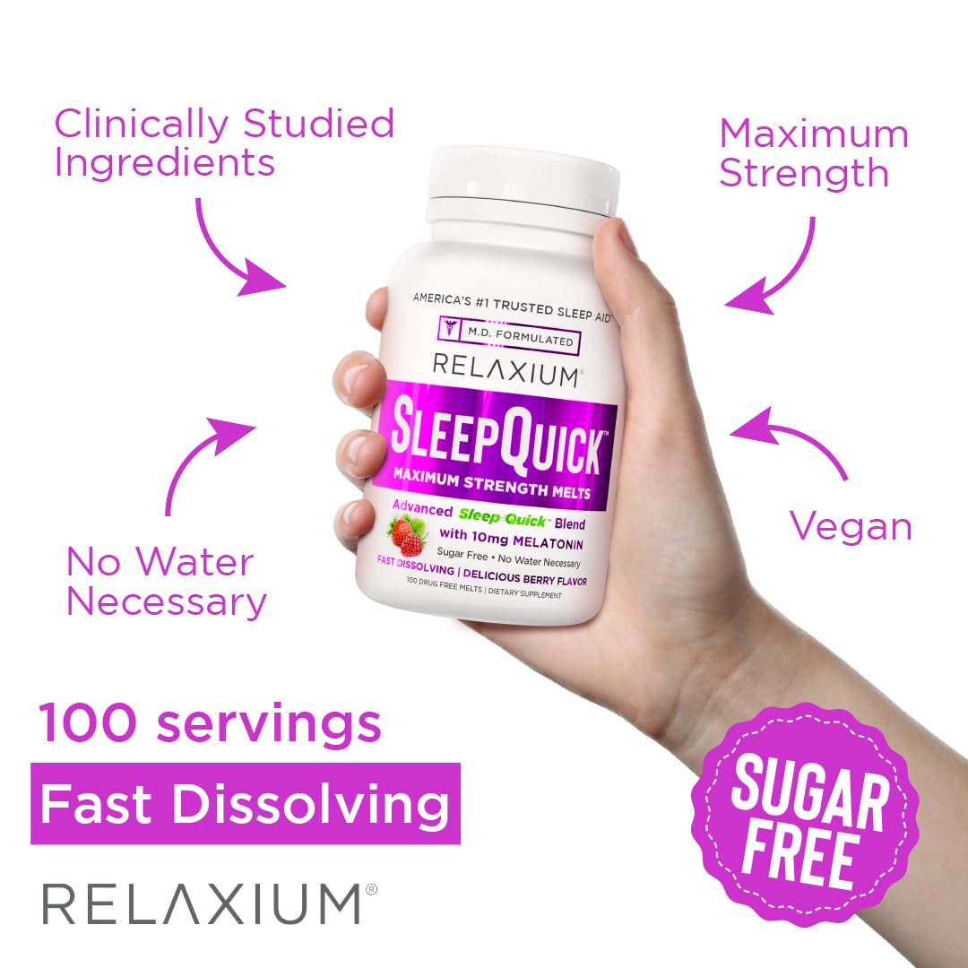Relaxium Sleep Quick Maximum Strength Melts, Fast Acting Sleep Aid with 10 mg Melatonin, Drug Free Dietary Supplement, Vegan, Gluten Free, Made in USA, 100 Servings, Berry Flavor