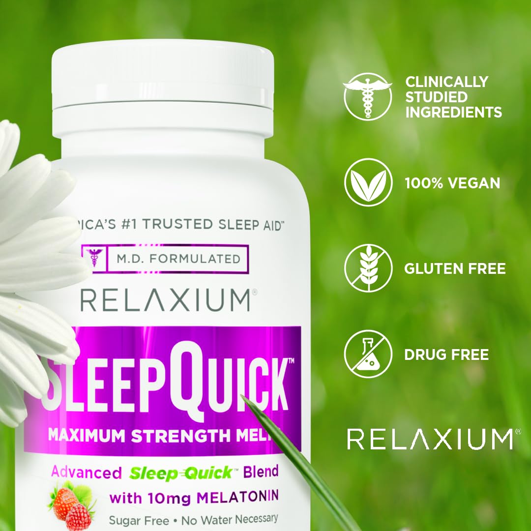Relaxium Sleep Quick Maximum Strength Melts, Fast Acting Sleep Aid with 10 mg Melatonin, Drug Free Dietary Supplement, Vegan, Gluten Free, Made in USA, 100 Servings, Berry Flavor