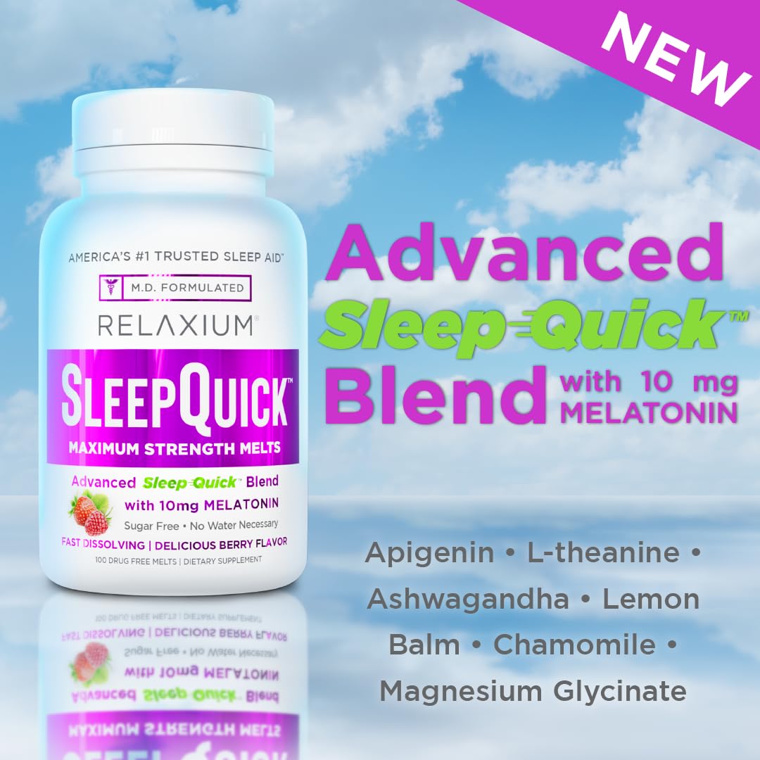 Relaxium Sleep Quick Maximum Strength Melts, Fast Acting Sleep Aid with 10 mg Melatonin, Drug Free Dietary Supplement, Vegan, Gluten Free, Made in USA, 100 Servings, Berry Flavor