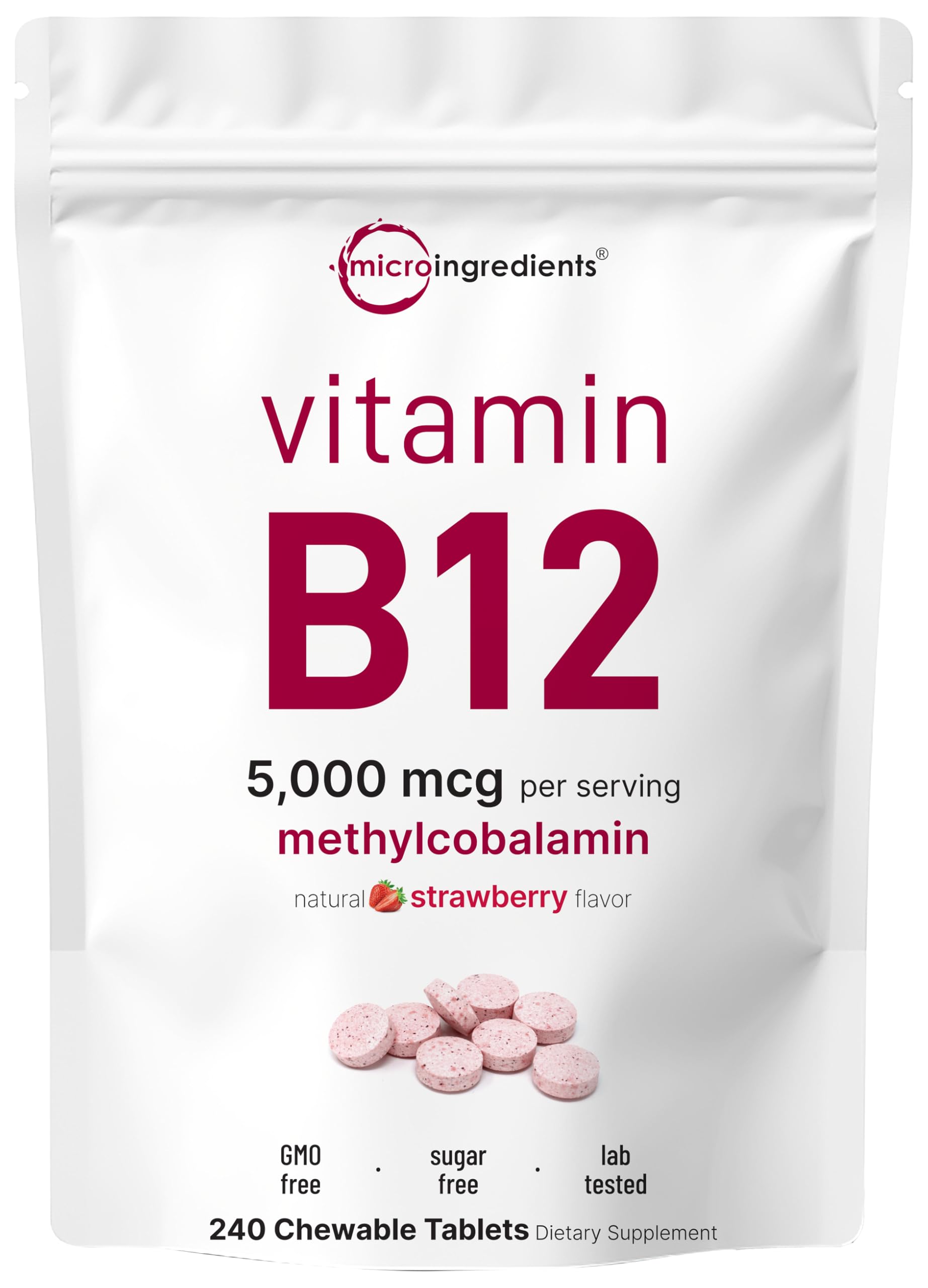 Micro Ingredients Vitamin B12 5,000 mcg | Methylcobalamin – 240 Chewable Tablets | Fast Dissolve, Natural Strawberry Flavor | Vegan, Non-GMO, Gluten Free