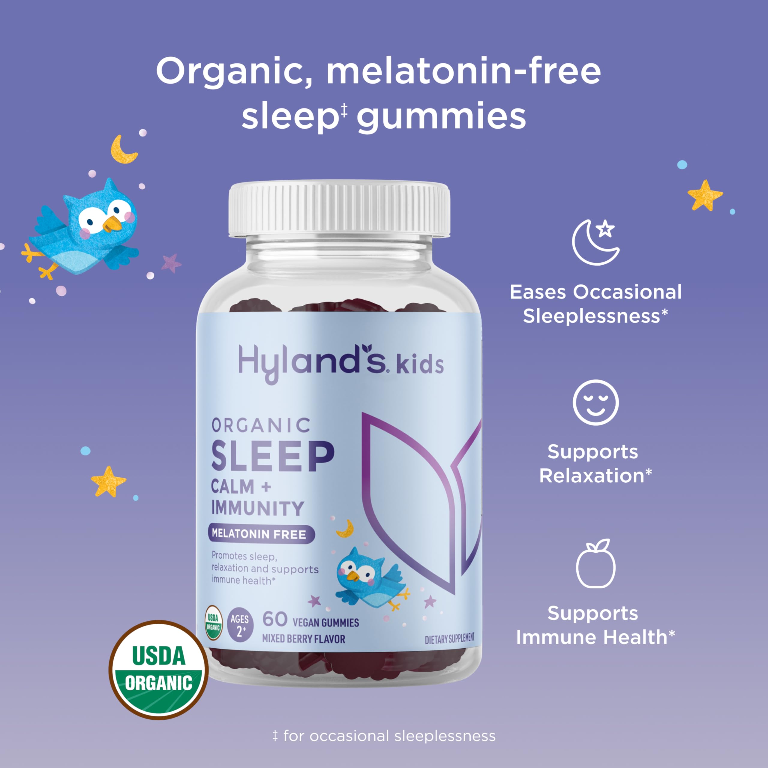 Hyland's Kids Melatonin Free Organic Sleep Aid Gummies with Calm & Immune Support - with Vitamin C, Zinc, Elderberry, Lemon Balm & Chamomile, Helps with Sleeplessness & Restlessness, 60 Vegan Gummies