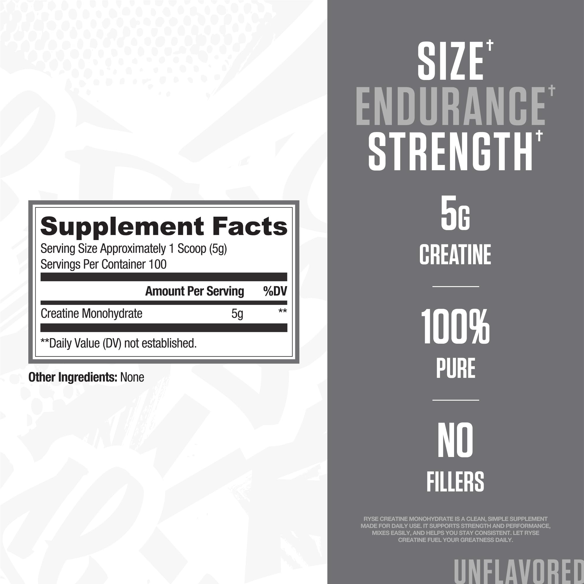 RYSE Creatine Monohydrate Powder - Unflavored - Supports Men & Women Lean Muscle Growth, Strength, Power, and Endurance - Helps Reduce Fatigue and Improve Workout Recovery - 100 Servings.