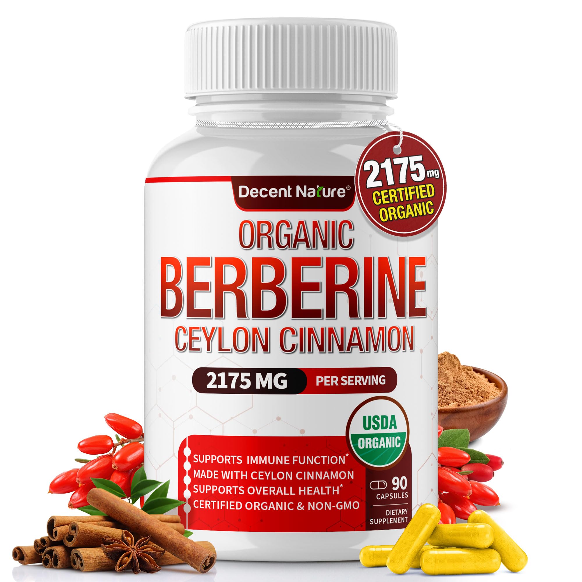 Organic Berberine with Ceylon Cinnamon 2175mg - Premium berberine supplement high purity extract USDA Organic, support immune system, Berberine Plus Complex, Non-GMO Vegan for Men Women 90 Capsules