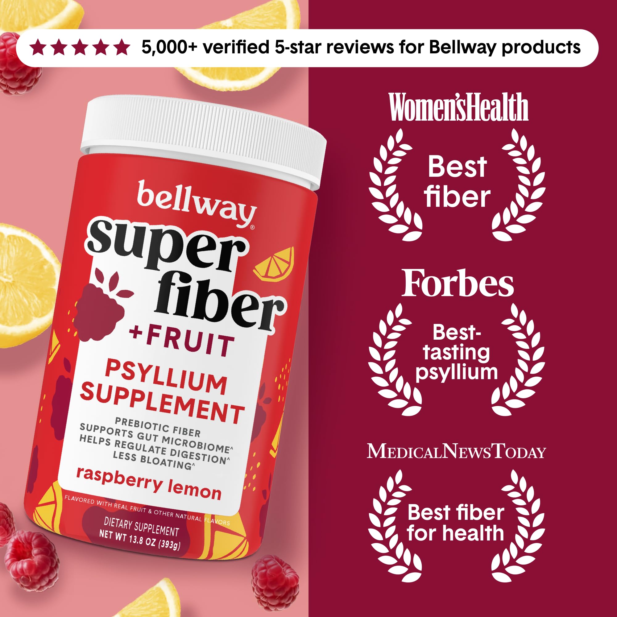 Bellway Super Fiber Powder + Fruit, Sugar Free Organic Psyllium Husk Powder Fiber Supplement for Regularity, Bloating Relief & Digestive Health, Plant-Based, Raspberry Lemon (50 Servings)