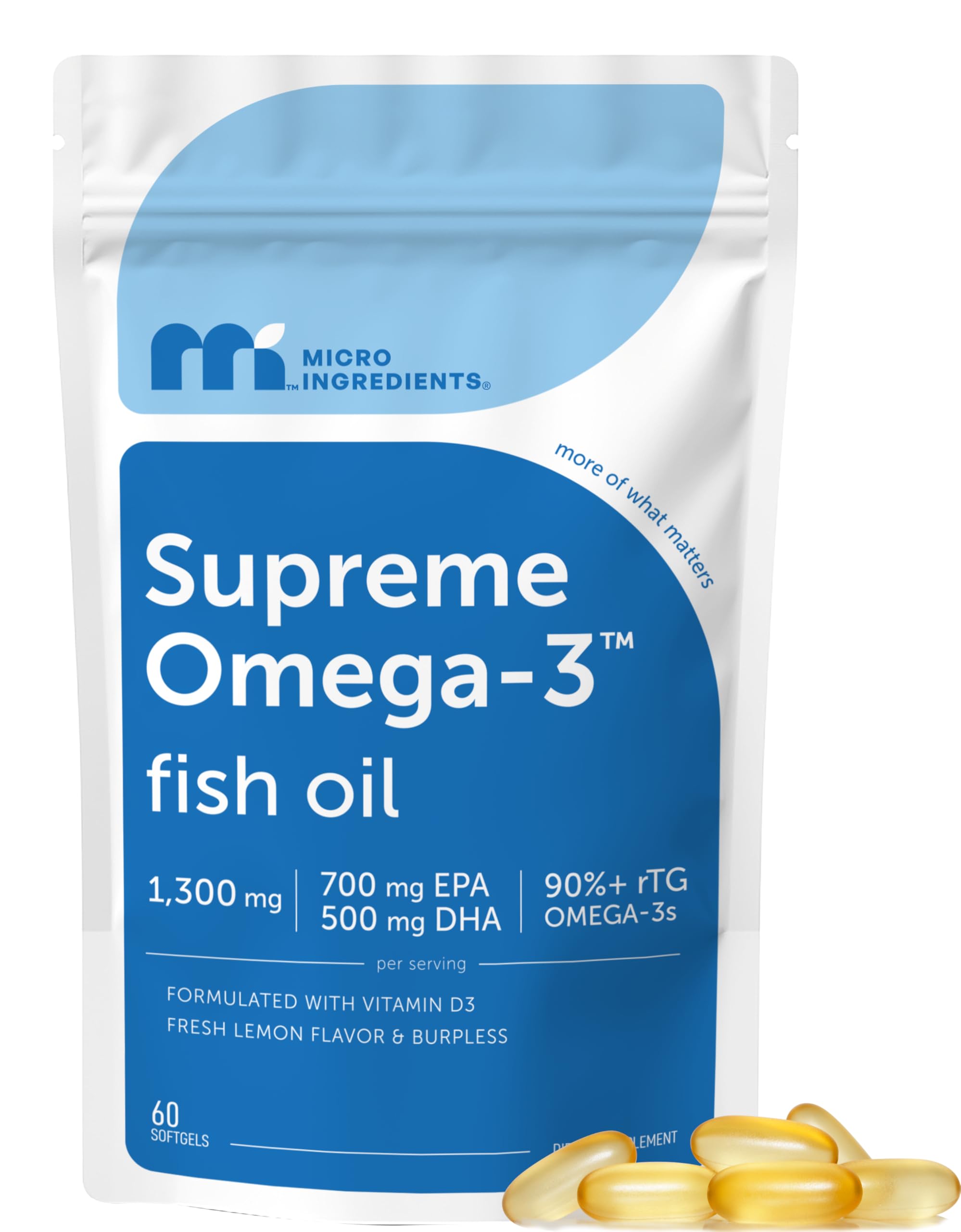 Micro Ingredients Supreme Omega-3 Fish Oil w/Ultra High EPA & DHA, Burpless Softgels | rTG Omega-3 with Vitamin D3 | Wild-Caught Cold Deep-Sea Water | Lemon Flavor, Easy to Swallow, 60ct