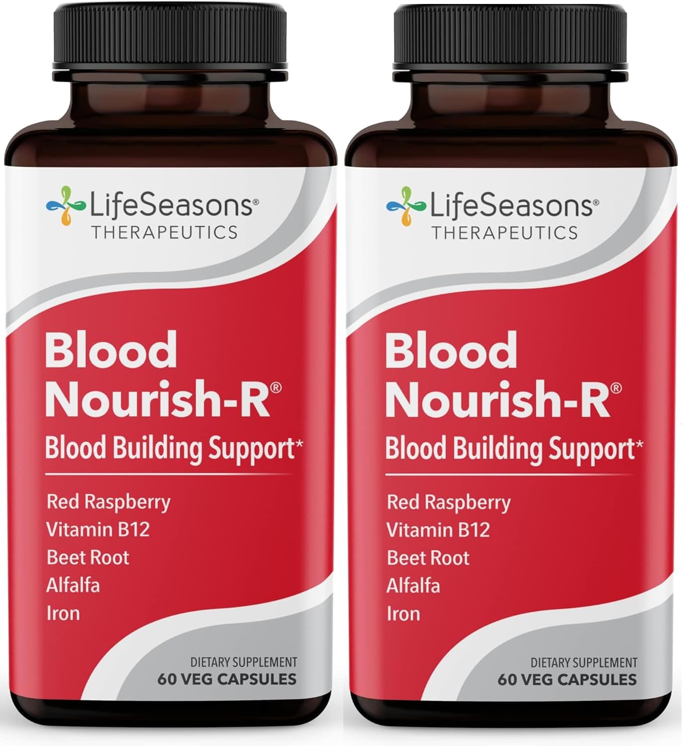 LifeSeasons Blood Nourish-R - Iron Supplement - Non Constipating - Supports Anemia, Fatigue, Paleness & Dizziness - Blood Building - Iron, Alfalfa, Raspberry & Vitamin B-12-60 Capsules (Pack of 2)
