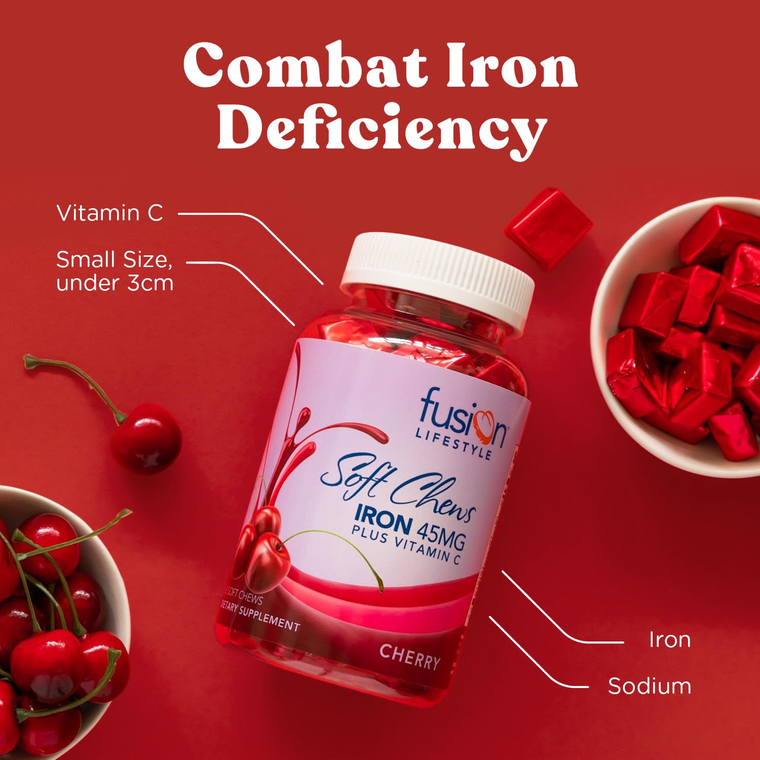 Fusion Lifestyle Chewable Iron Supplement for Women & Men - Cherry Flavor, Iron Vitamin C Soft Chew for Max Absorption, Iron as Ferrous Fumarate, Ideal for Anemia and Iron Deficiency, 2 Month Supply