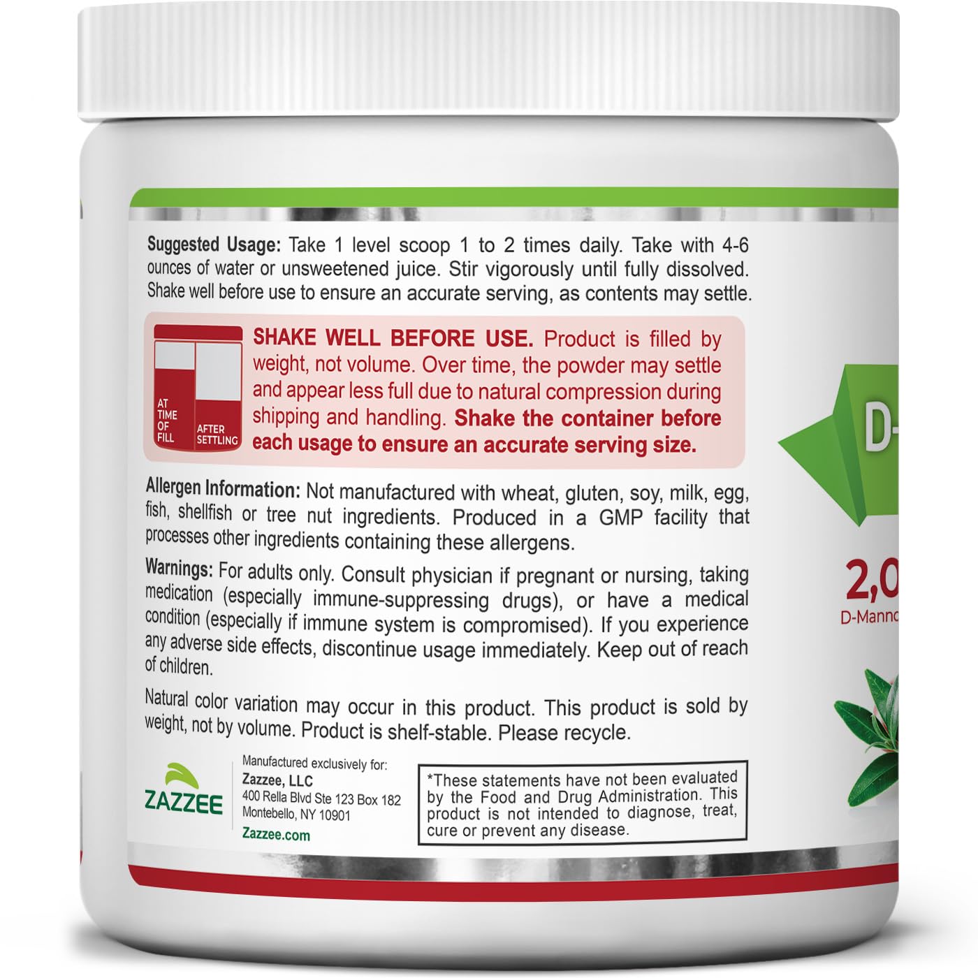 Zazzee D-Mannose Powder Plus, 2000 mg, 67 Servings, Plus 5 Billion CFU Probiotics and Pure Cranberry Juice Extract, Certified Kosher, Free Scoop, 6.67 oz, Urinary Tract Support, Non-GMO, All-Natural