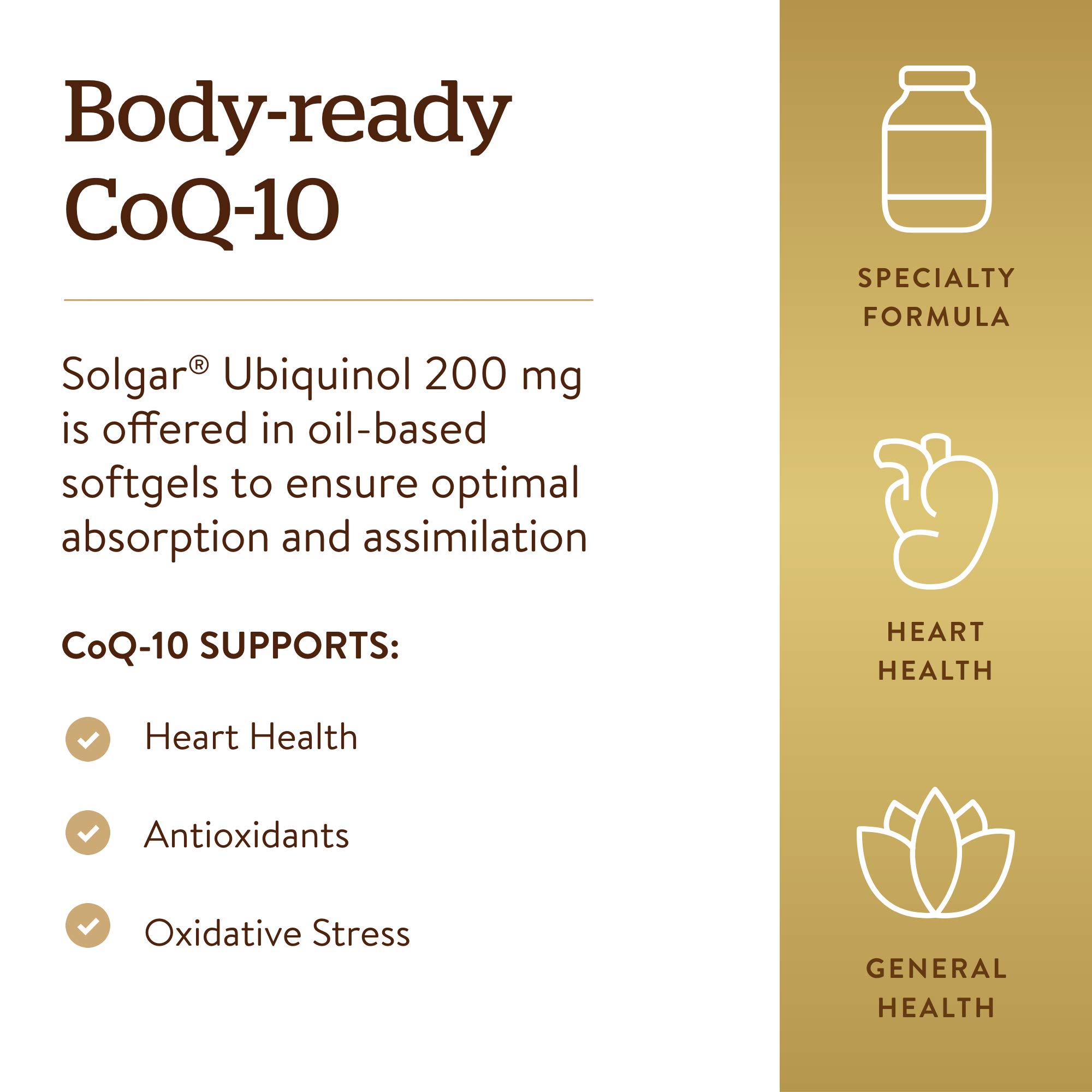 Solgar Ubiquinol 200 mg (Reduced CoQ-10), 30 Softgels - Promotes Heart & Brain Function - Supports Healthy Aging - Coenzyme Q10 - Ubiquinone Supplement - Gluten Free, Dairy Free - 30 Servings