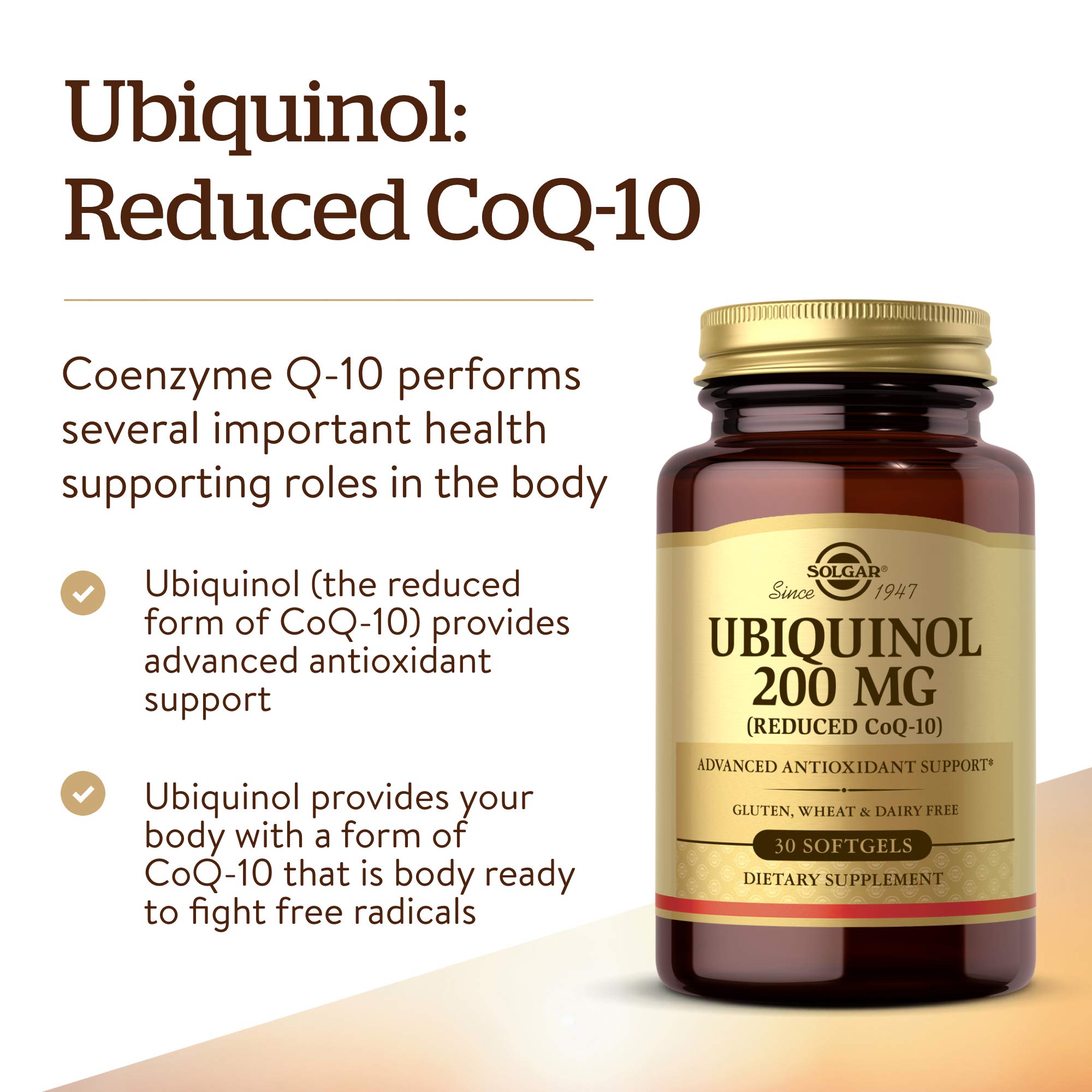 Solgar Ubiquinol 200 mg (Reduced CoQ-10), 30 Softgels - Promotes Heart & Brain Function - Supports Healthy Aging - Coenzyme Q10 - Ubiquinone Supplement - Gluten Free, Dairy Free - 30 Servings