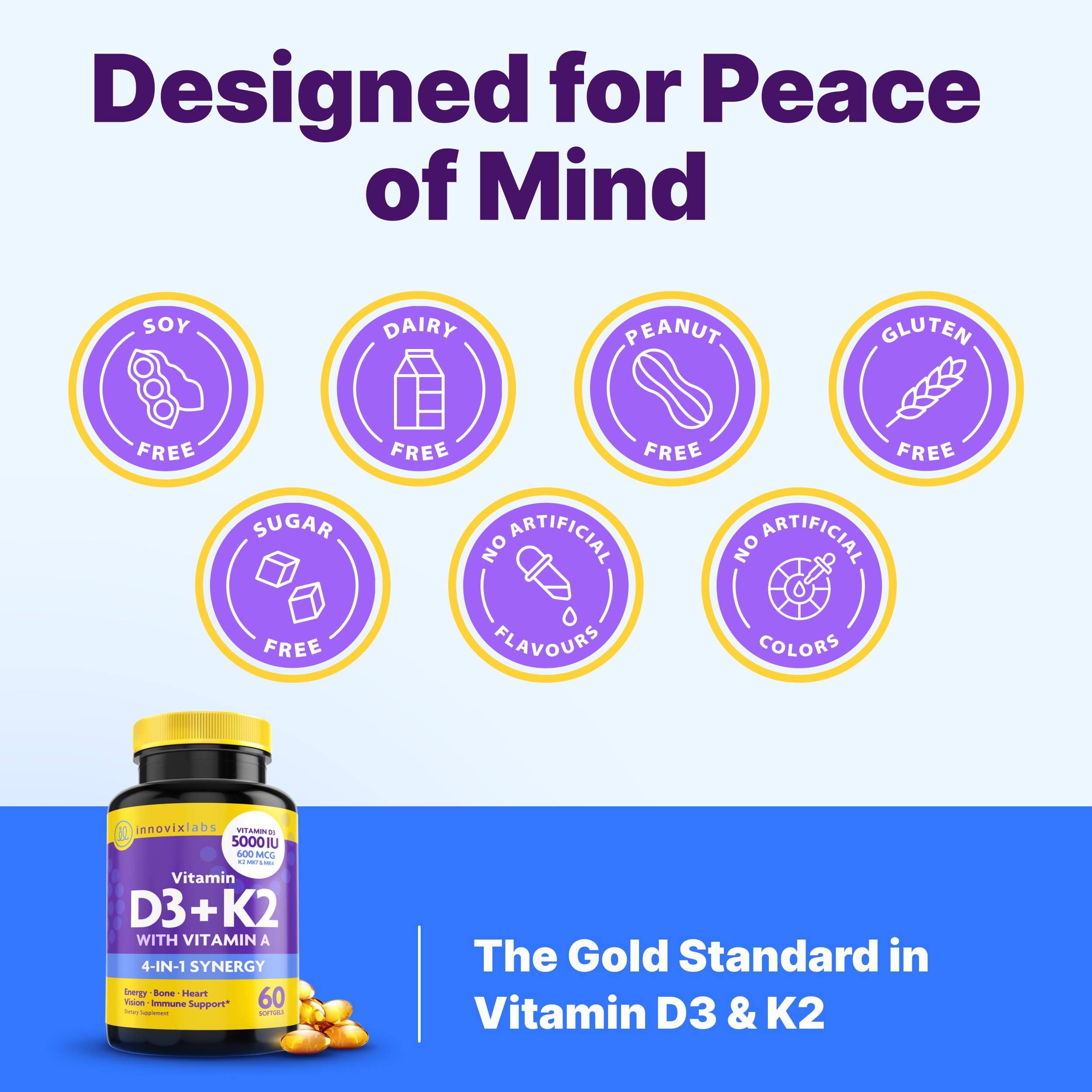 InnovixLabs Vitamin D3 K2-5000 IU Vitamin D3 Plus 600 mcg Vitamin K2 MK4 and MK7 for Max Calcium Absorption, Supports Bone, Immune, Heart Health, 3rd Party Tested, Gluten Free, 60 Softgels