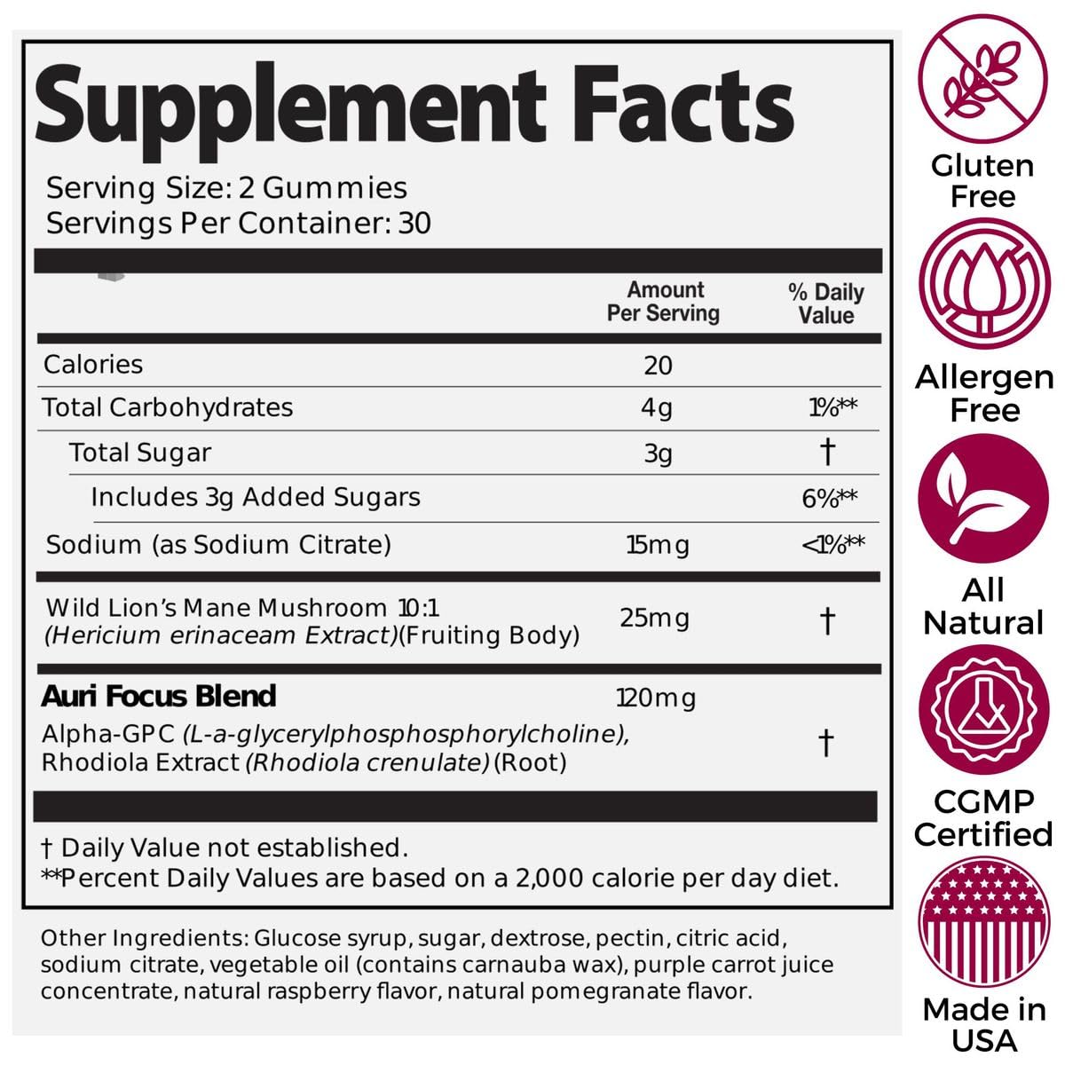 Auri Nutrition Super Mushroom Focus Gummies w/Lion's Mane, Alpha GPC & Rhodiola – Mushroom Supplement to Support Cognitive Function, Mental Clarity, Focus & Energy, 60 Gummies, Vegan Friendly, Non GMO