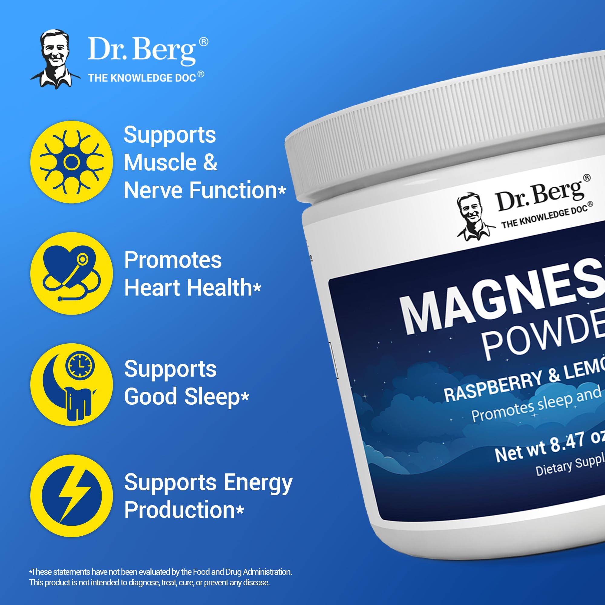 Dr. Berg Magnesium Glycinate Powder for Sleep, Relaxation, & Stress Relief - Now Includes Vitamin D3 & Zinc - Delicious Raspberry & Lemon Flavor (50 Servings) Magnesium Powder - Magnesium Drink Powder
