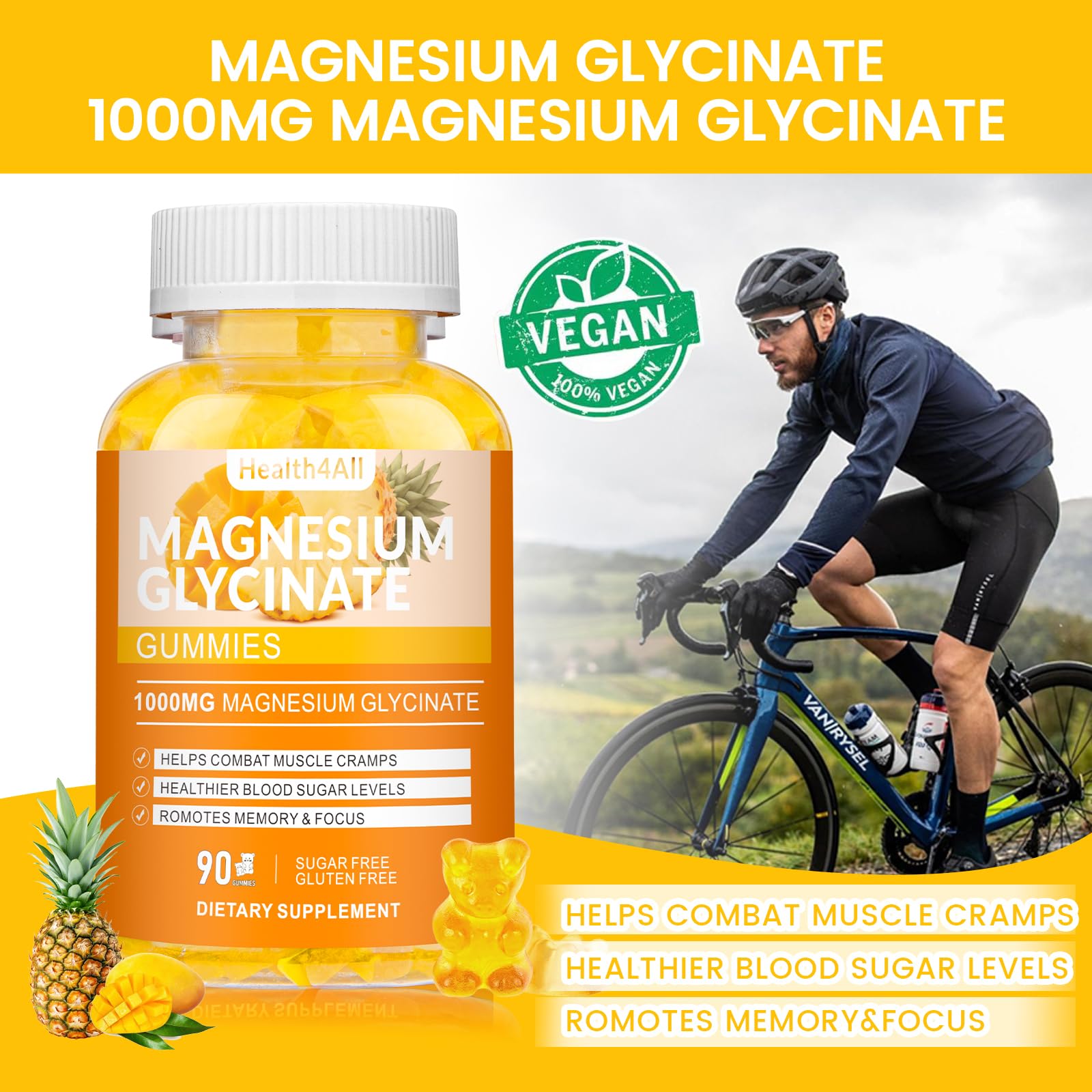 Magnesium Glycinate Gummies 1000mg, High Absorption Sugar Free Magnesium Potassium Supplement for Relaxation, Stress Relief, and Sleep Support for Adults & Kids - 90 Mango Pineapple Gummies