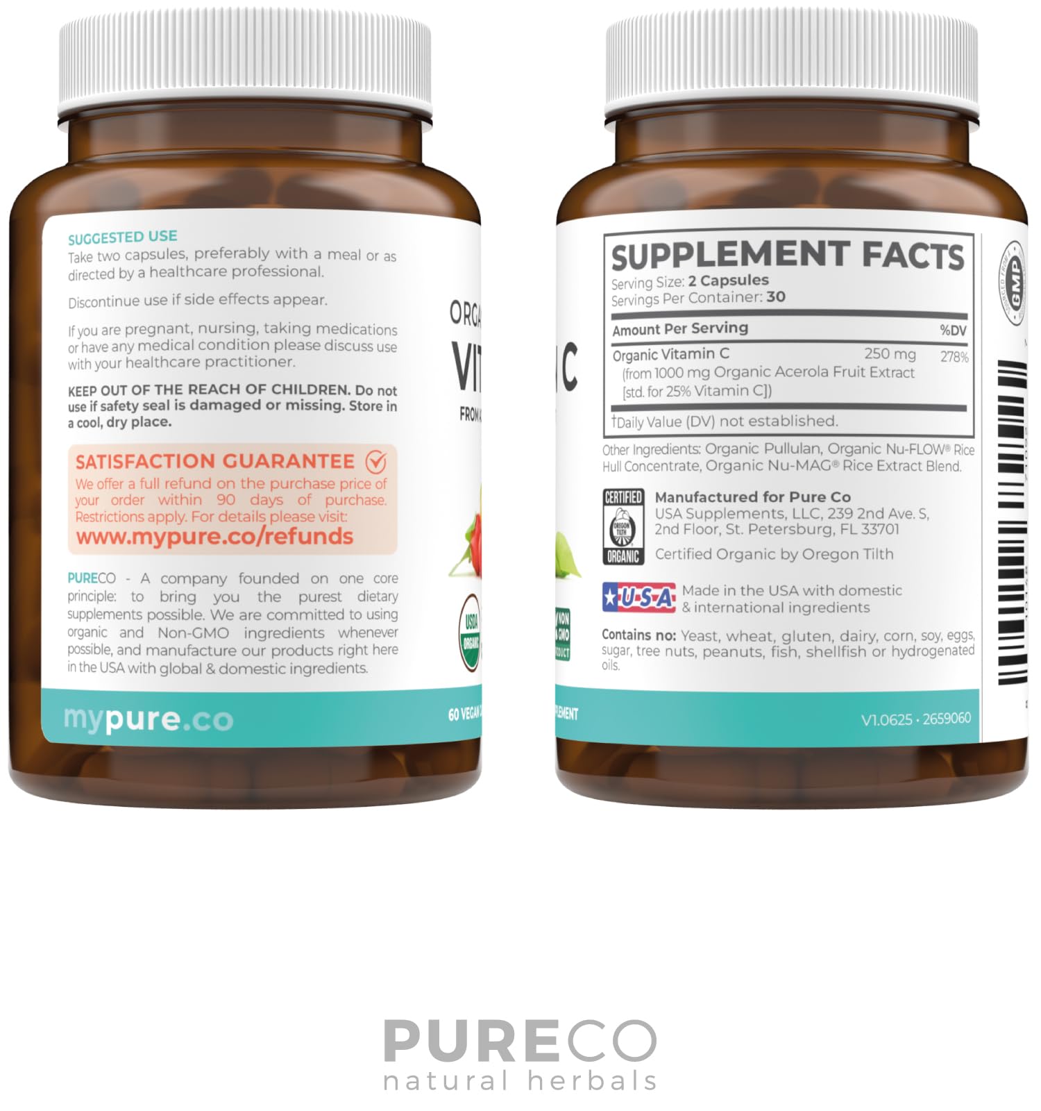 Certified Organic Vitamin C Supplement - Whole Food Acerola Vitamin C Immune Support Supplement for Seasonal Wellness with Naturally Occurring Bioflavonoids Polyphenols & Cofactors (1 Month Supply)