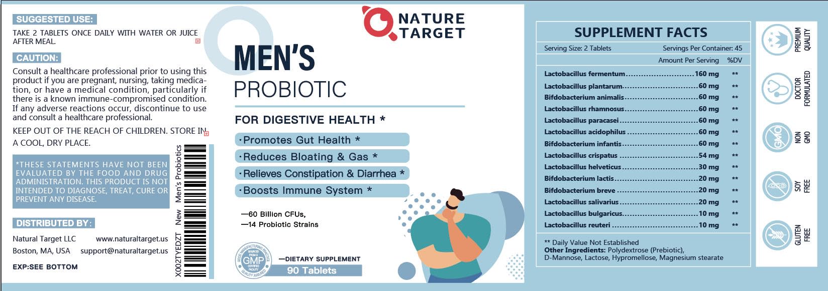 NATURE TARGET Probiotics for Men with Men Care Supplement, Prebiotics & Probiotic for Men's Digestive and Immune Health,60 Billion CFUs & 14 Strains Shelf Stable, Gluten & Soy Free (90 Tablets)