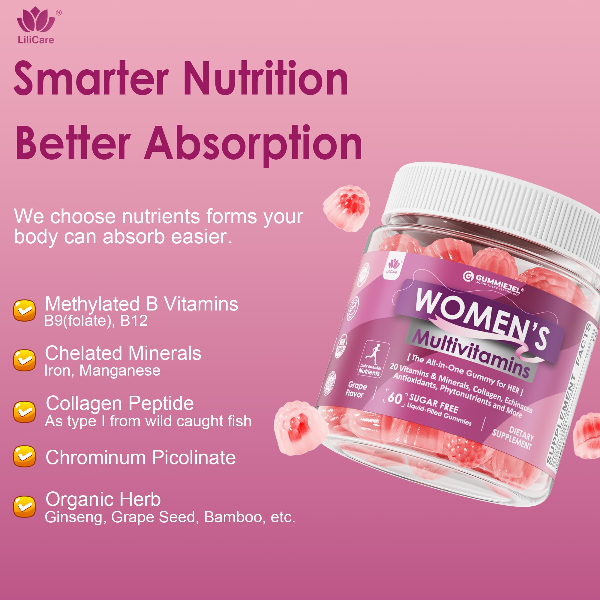 Womens Multivitamin Gummy, Methylated Multivitamin for Women, Biotin, Methylfolate, Iron, Collagen, Vitamins A C D, B Complex, Antioxidants for Women's Daily Support, Beauty, Immune, No Sugar, 60 Cts