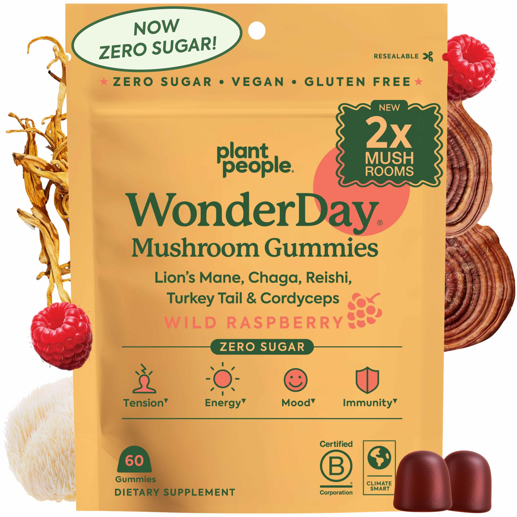 WonderDay Extra Strength Mushroom Gummies – Sugar Free Lion’s Mane, Cordyceps, Reishi & Chaga Supplement for Adults – Mood Boost, Energy, Focus, Immune Support & Gut Health – Vegan, Non-GMO (60 Count)