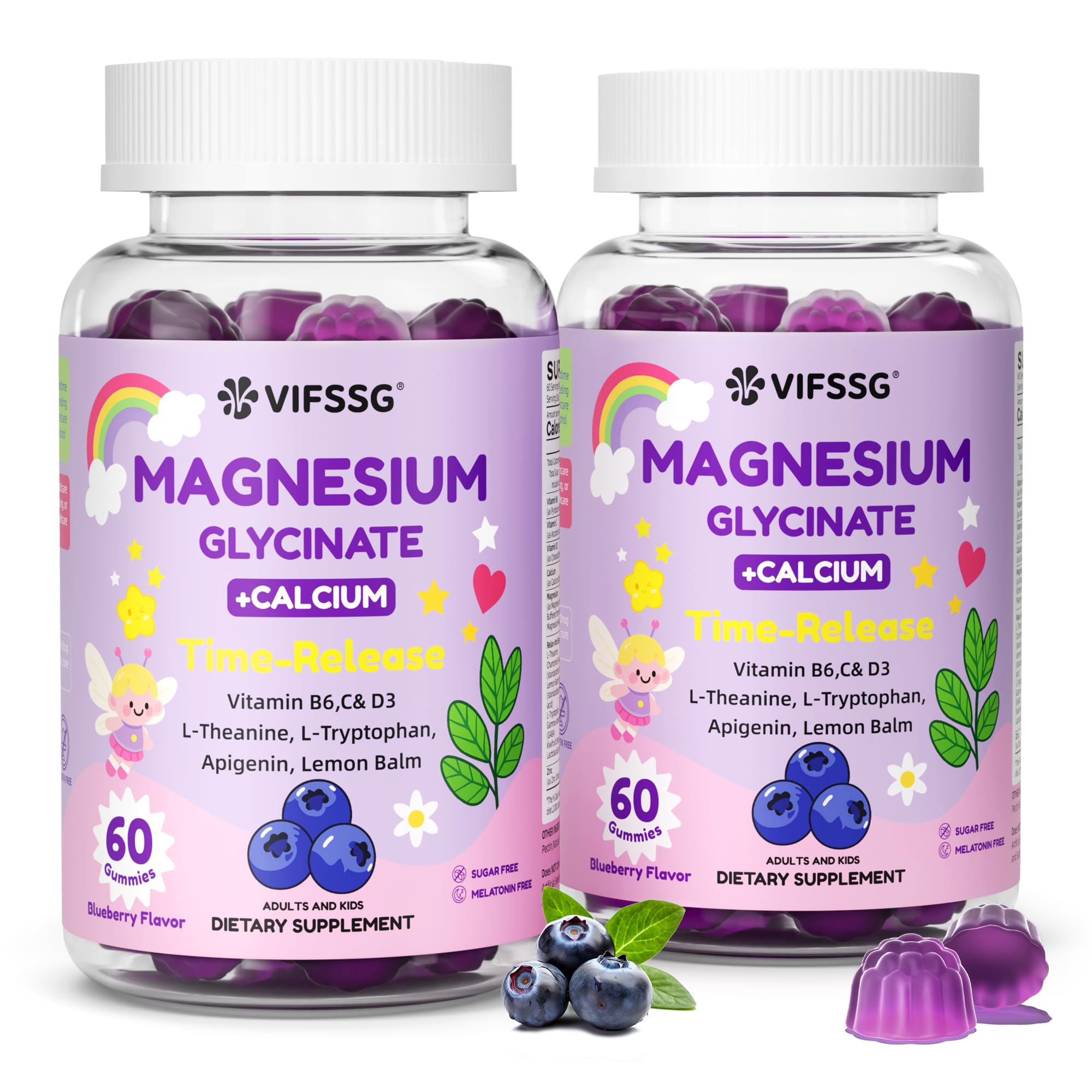 Magnesium Glycinate Gummies for Adults & Kids 4+, 2 Pack Sugar Free Magnesium Bisglycinate Supplement 400/200mg with L Theanine, Chamomile, Lemon Balm for Evening Support & Bedtime Routine 120 Gummies