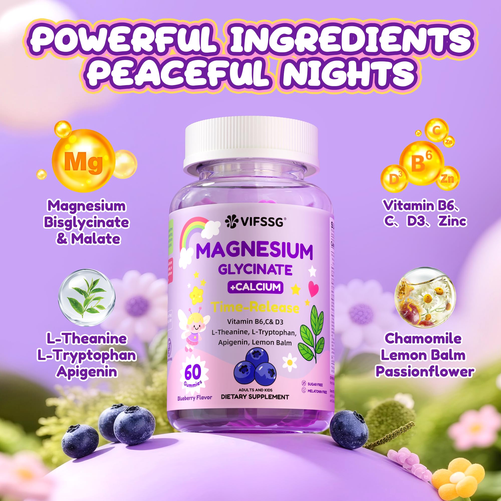 Magnesium Glycinate Gummies for Adults & Kids 4+, 2 Pack Sugar Free Magnesium Bisglycinate Supplement 400/200mg with L Theanine, Chamomile, Lemon Balm for Evening Support & Bedtime Routine 120 Gummies