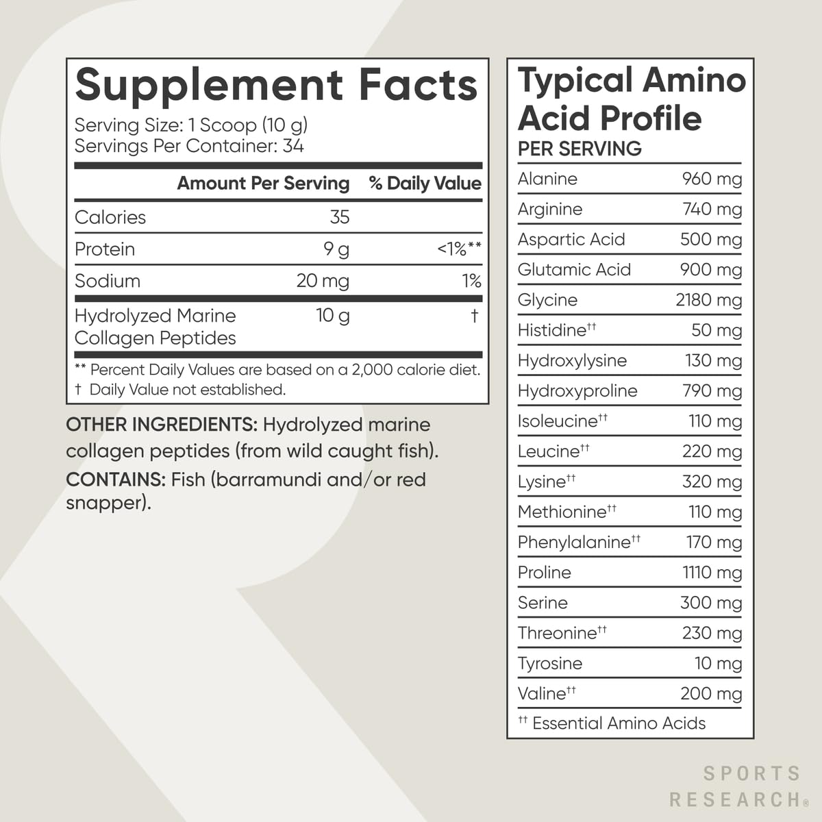 Sports Research Marine Collagen Peptides Powder - Sourced from Wild-Caught Fish, Pescatarian Friendly, Keto Certified & Non-GMO Tested - Easy to Mix in Water or Juice! (34 Servings)