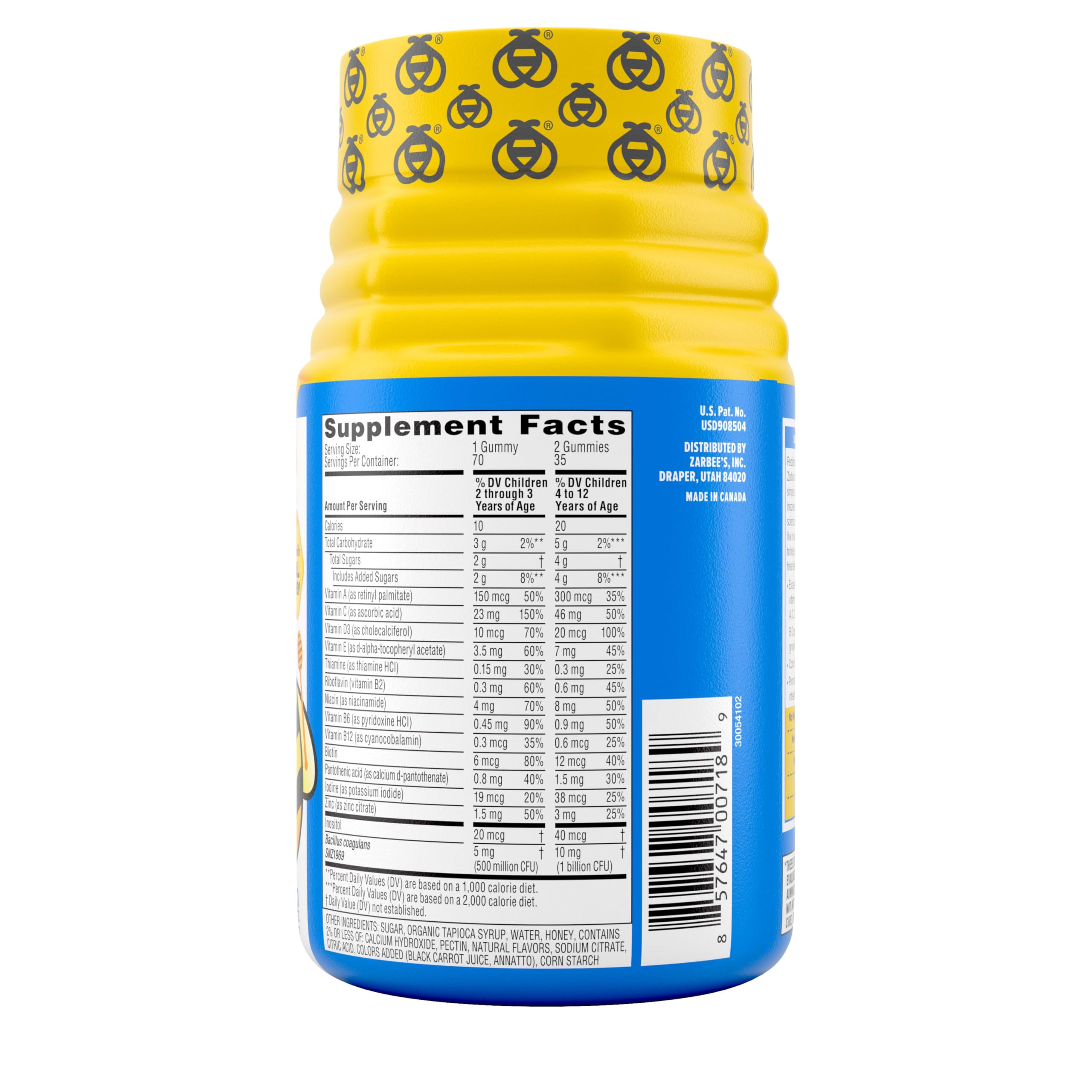 Zarbee's Kid's Complete Multivitamin + Probiotic Gummies with Vitamins A B C D E & zinc for Digestive Health Easy To Chew Kids Daily Multivitamin Gummies Natural Fruit 70 Count