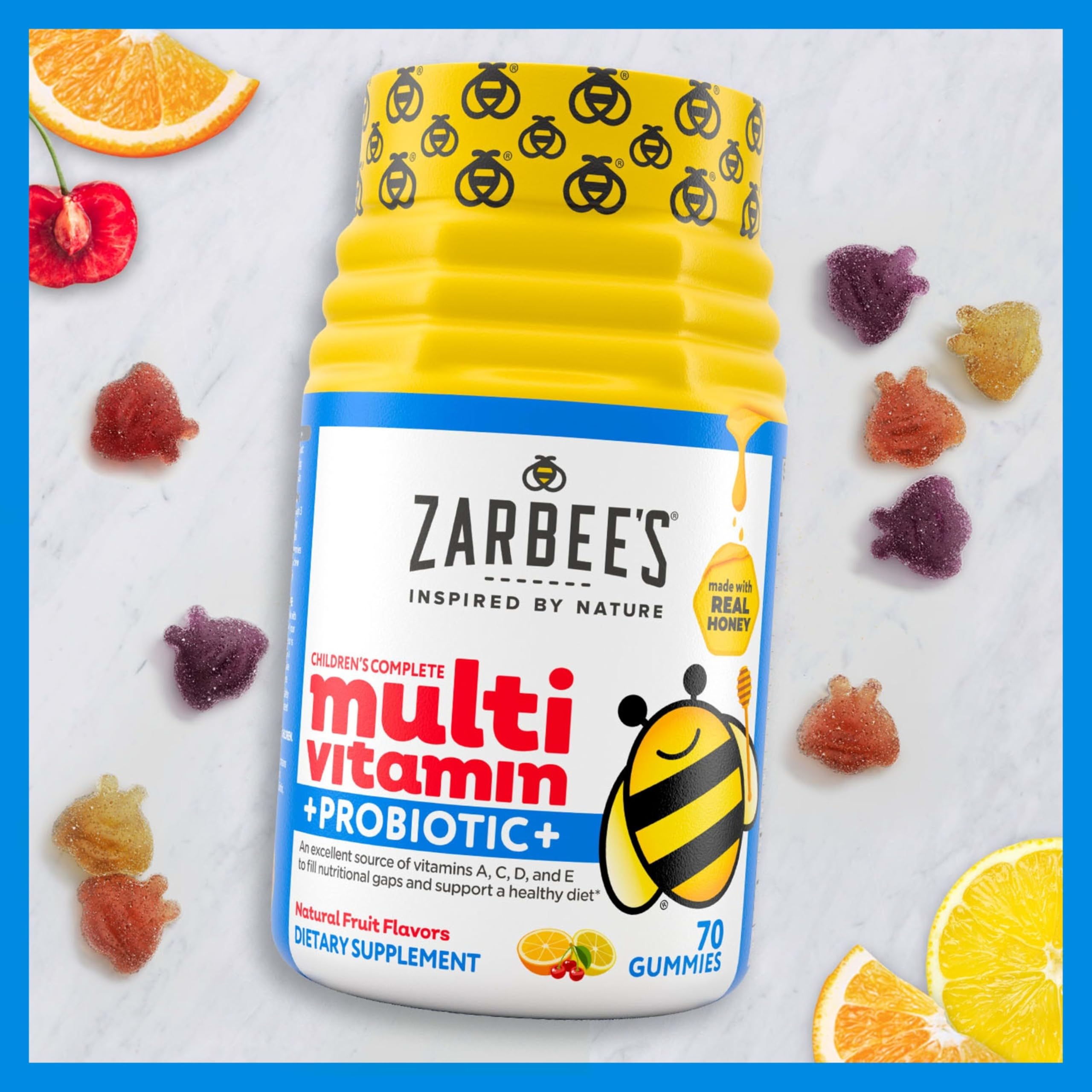 Zarbee's Kid's Complete Multivitamin + Probiotic Gummies with Vitamins A B C D E & zinc for Digestive Health Easy To Chew Kids Daily Multivitamin Gummies Natural Fruit 70 Count