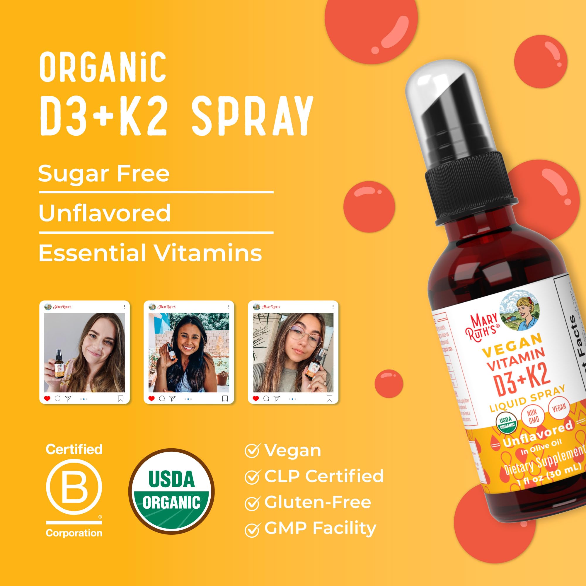 MaryRuth's Organic D3 + K2 Spray for Adults & Kids for Bone Health | Vitamin D3 as Cholecalciferol | Vitamin K2 | Immunity | Mineral Absorption | Heart Health | Vegan | Non-GMO | Gluten Free | 1 Fl Oz