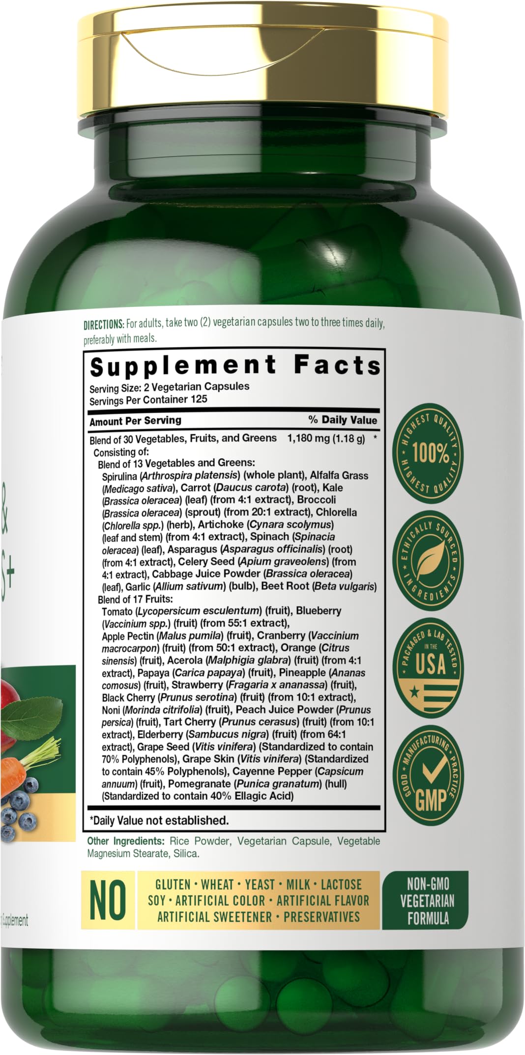 Carlyle Fruits and Veggies Supplement | 250 Capsules | Made with 30 Fruits and Vegetables | Vegetarian, Non-GMO, Gluten Free Superfood Formula