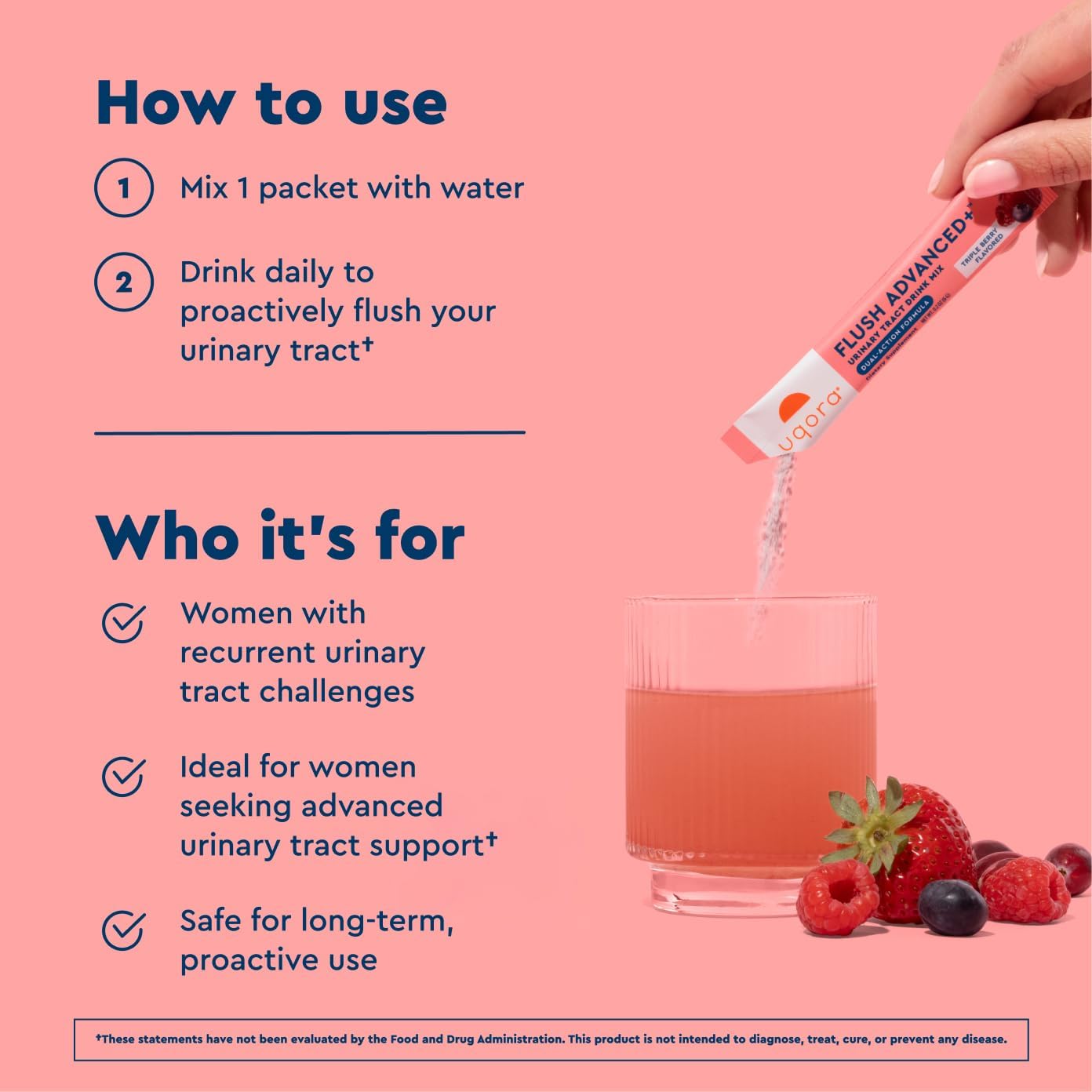 Uqora Flush Advanced+ - Helps Reduce Risk of Recurrent UTI** - with Cranberry, D-Mannose, Vitamin C, Vitamin B6 & Potassium - Gluten-Free & Vegan - Triple Berry Flavor - 20 Packets (2 Pack)