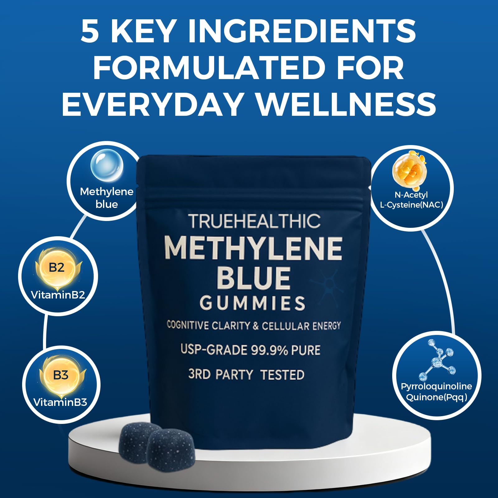TRUEHEALTHIC Methylene Blue Gummies, for Cognitive Support & Mental Focus, Clean 5mg of Methylene Blue Per Gummy, 99.9% Pure, Vegan, Non-GMO, 30 Gummies